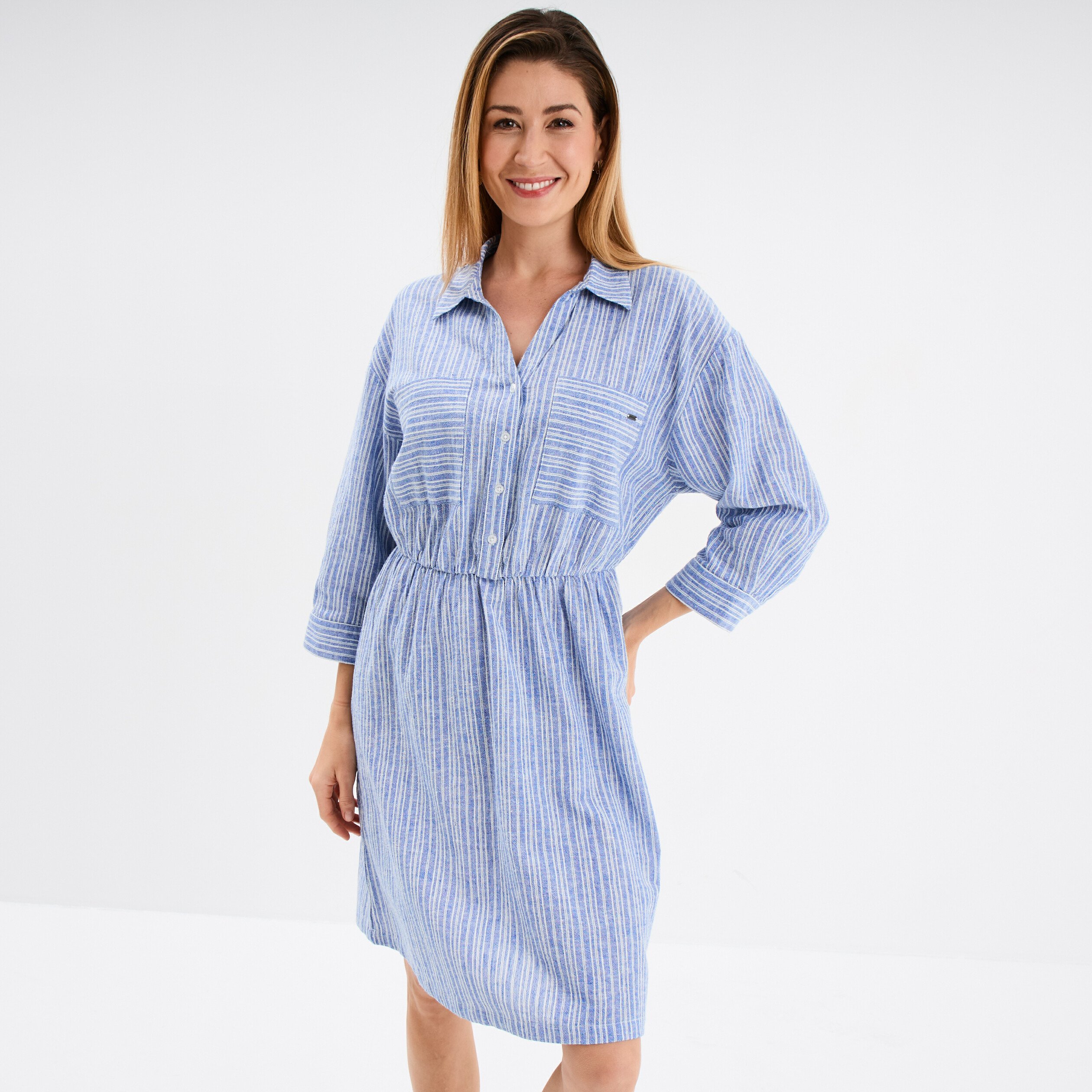 robe col chemise 2 poches melange lin bleu femme Robe col chemise 2 poches mélange lin bleu femme