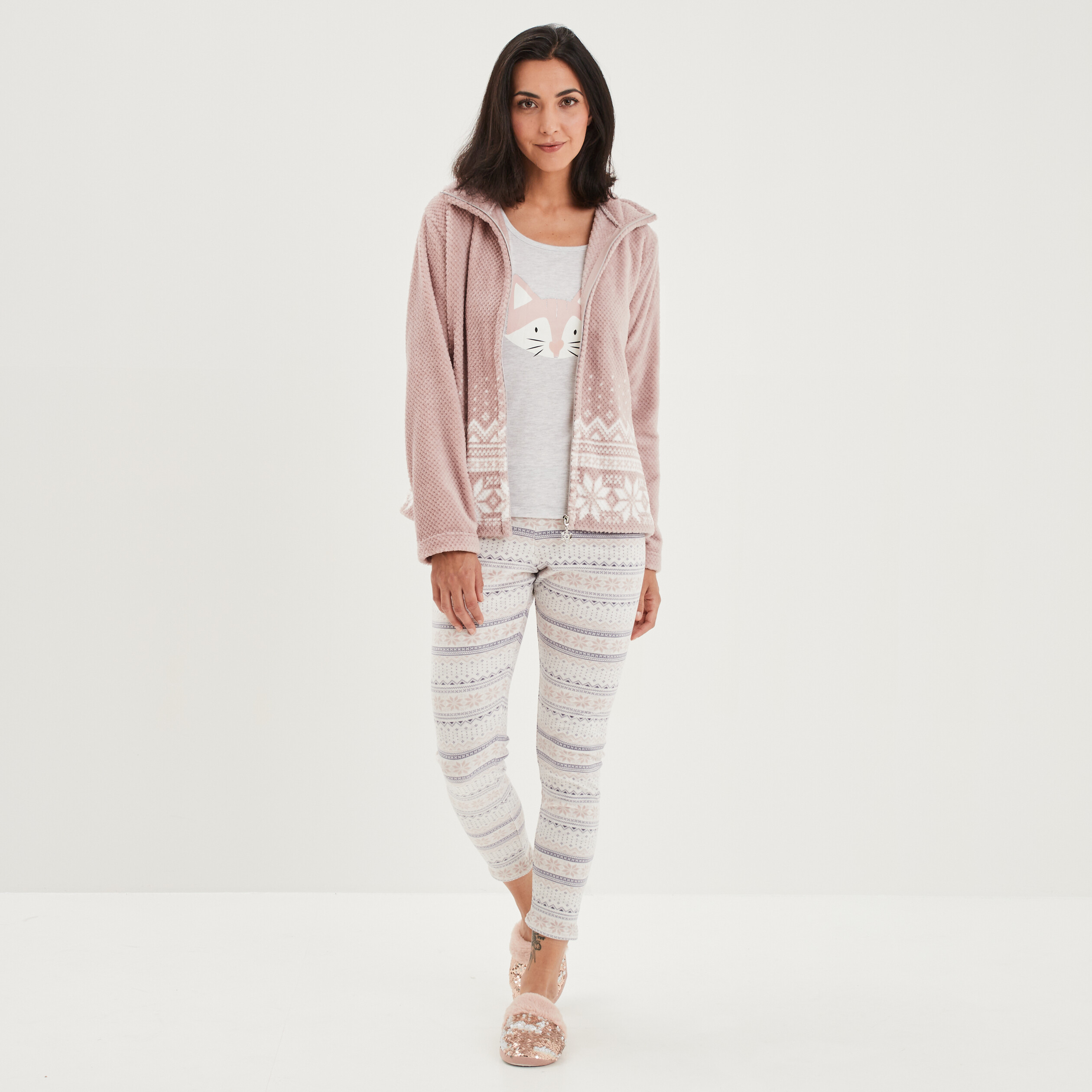 Ensemble pyjama gilet 3 pièces pilou rose pastel femme