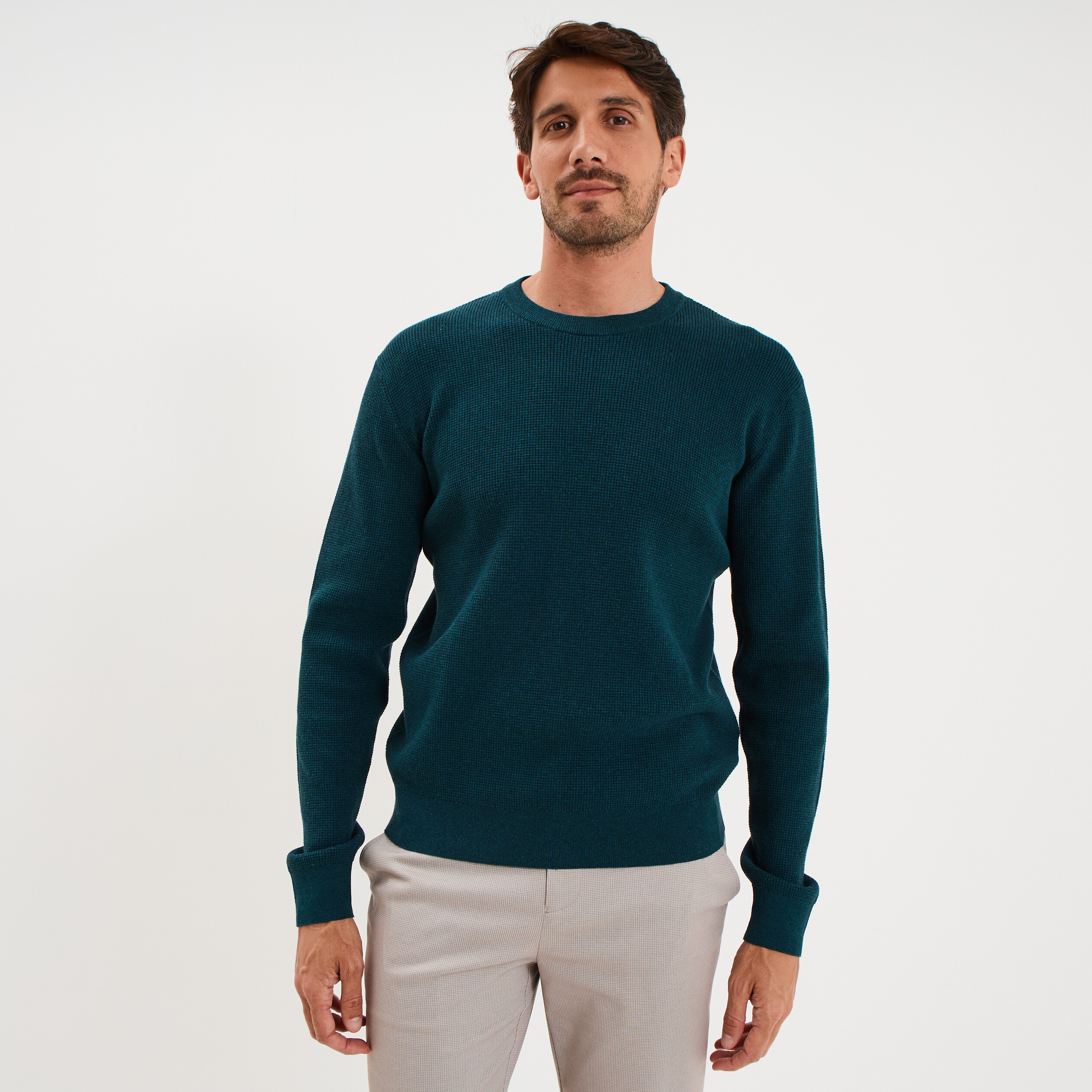 Pull en maille textur&eacute;e col rond bleu canard homme