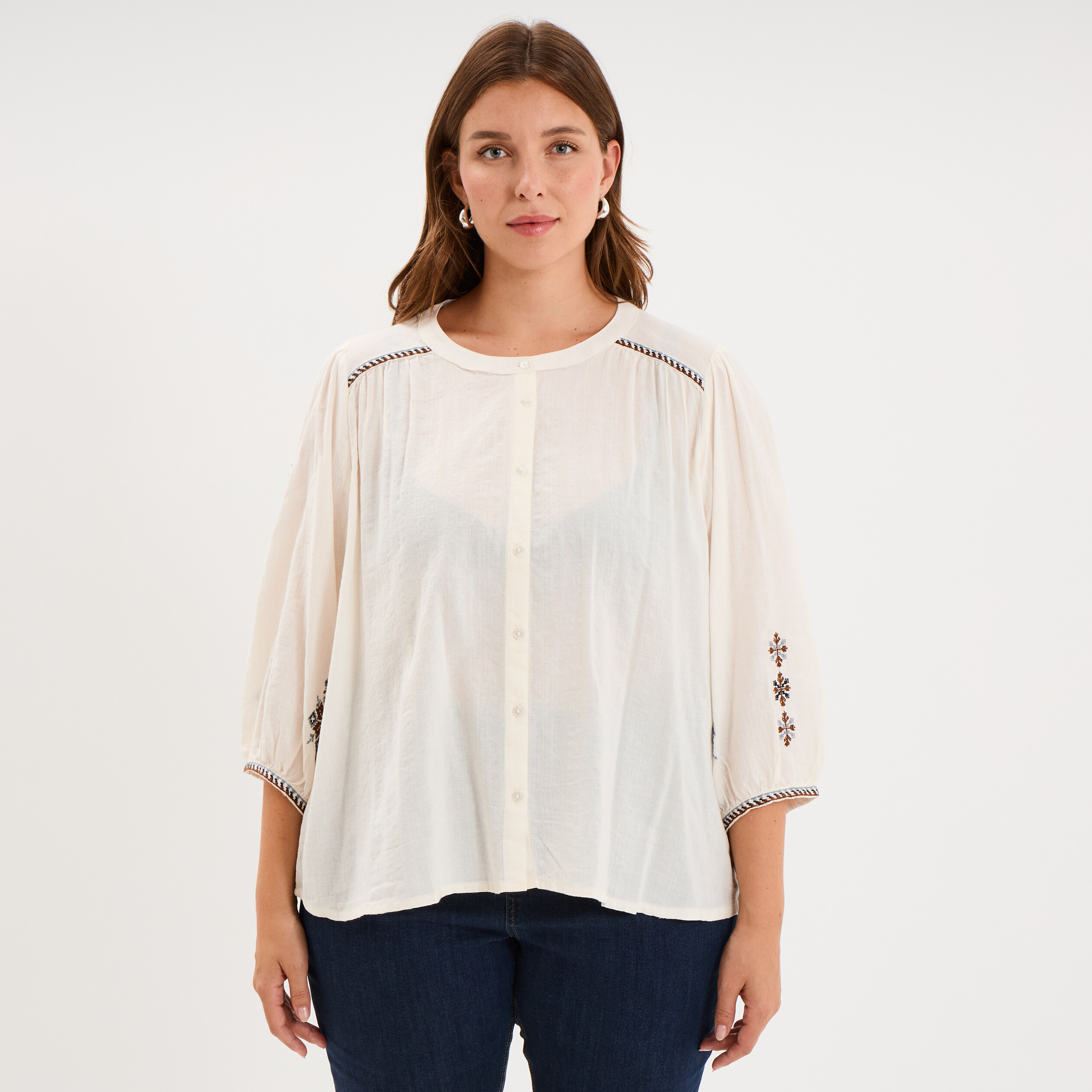 Blouse brod&eacute;e manches bouffantes 3/4 ecru femme grande taille