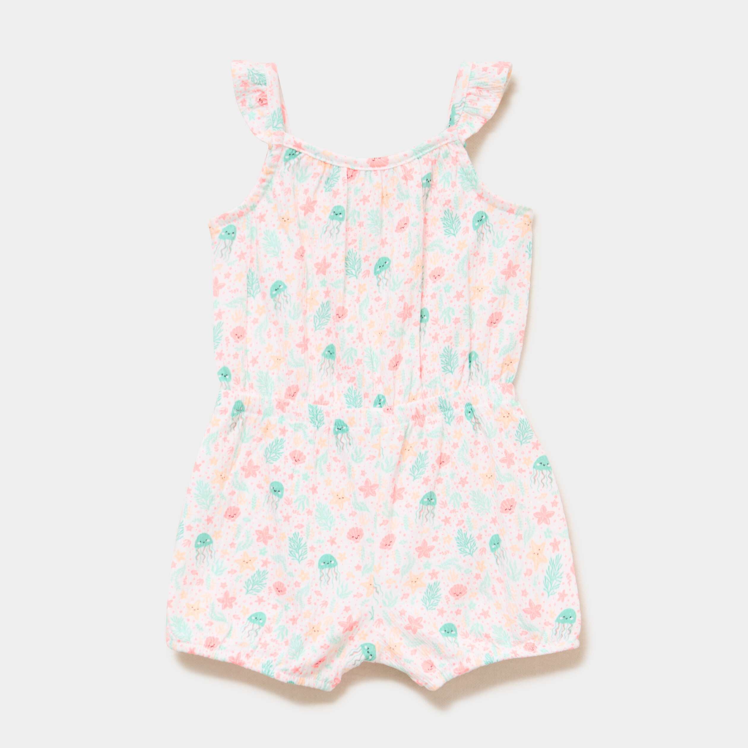 Combishort &agrave; bretelles et volants blanc b&eacute;b&eacute; fille