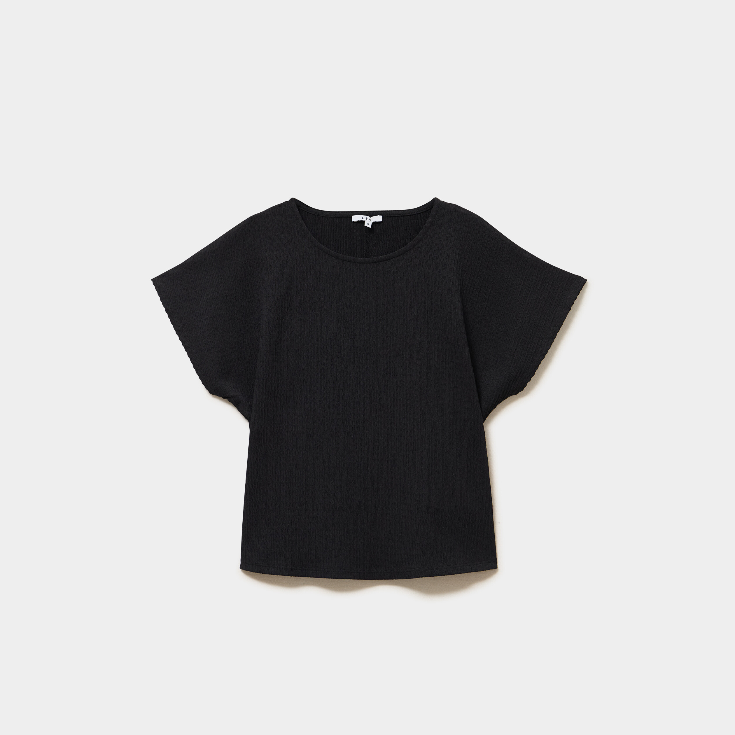 T-shirt gaufr&eacute; col rond manches courtes noir femme