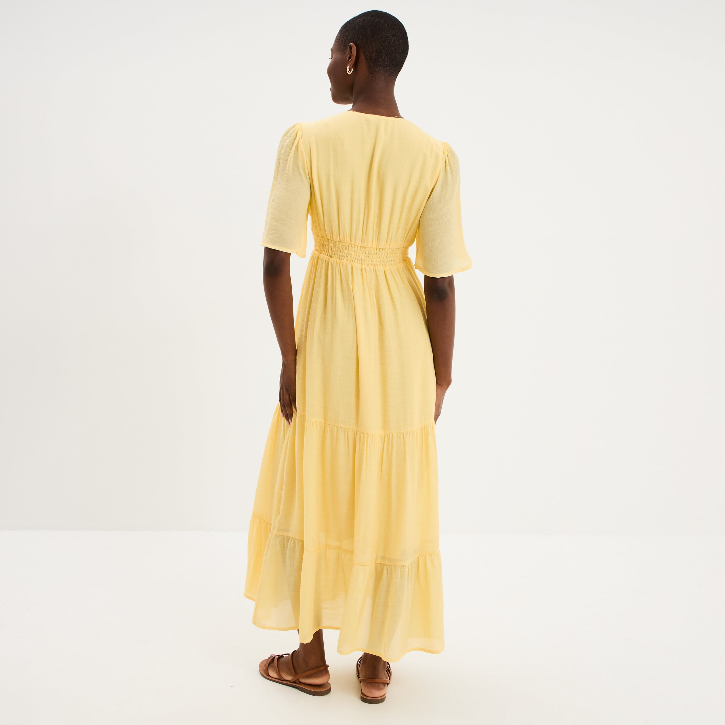 Robe longue fluide &agrave; volants jaune clair femme