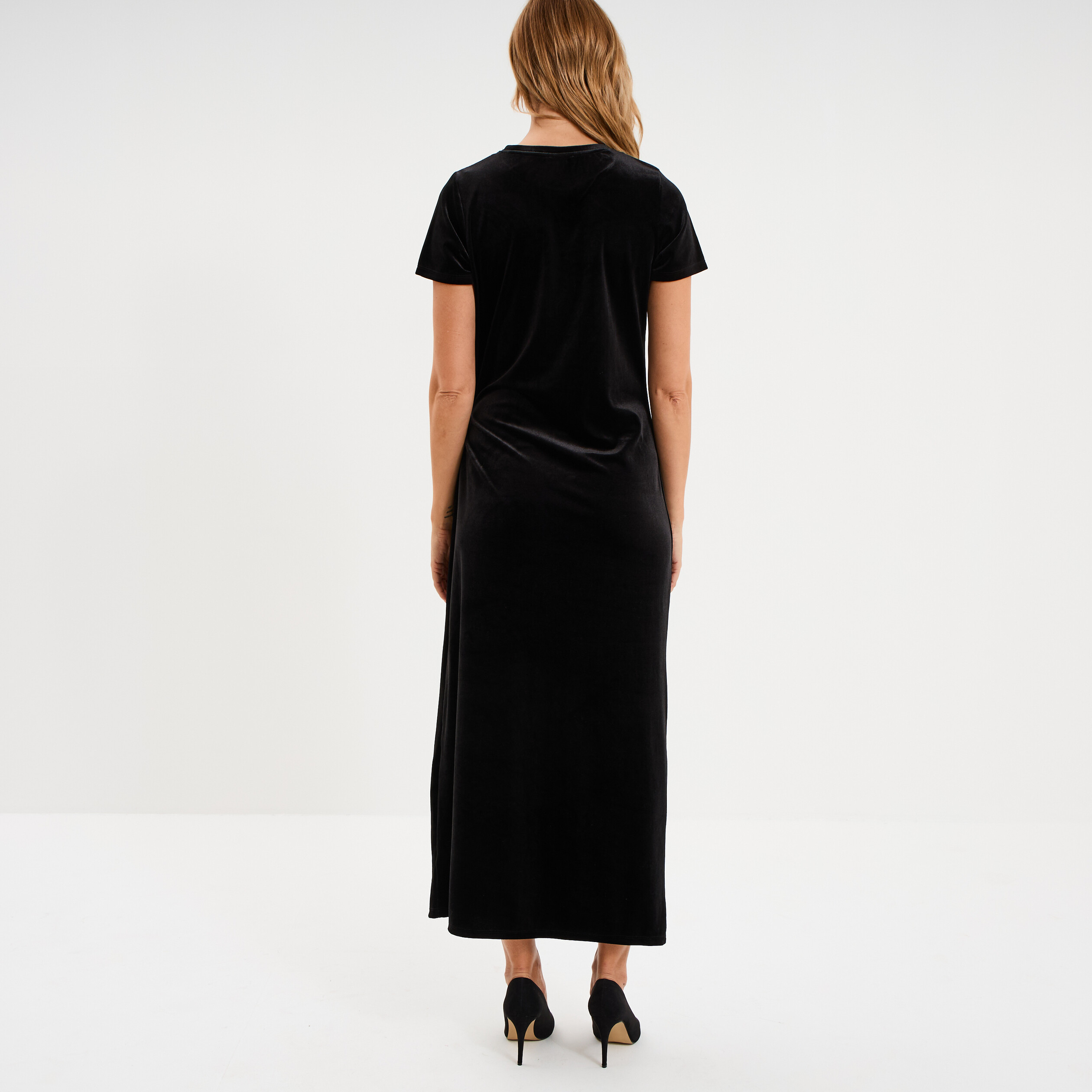 Robe effet velours longue noeud c&ocirc;t&eacute; noir femme