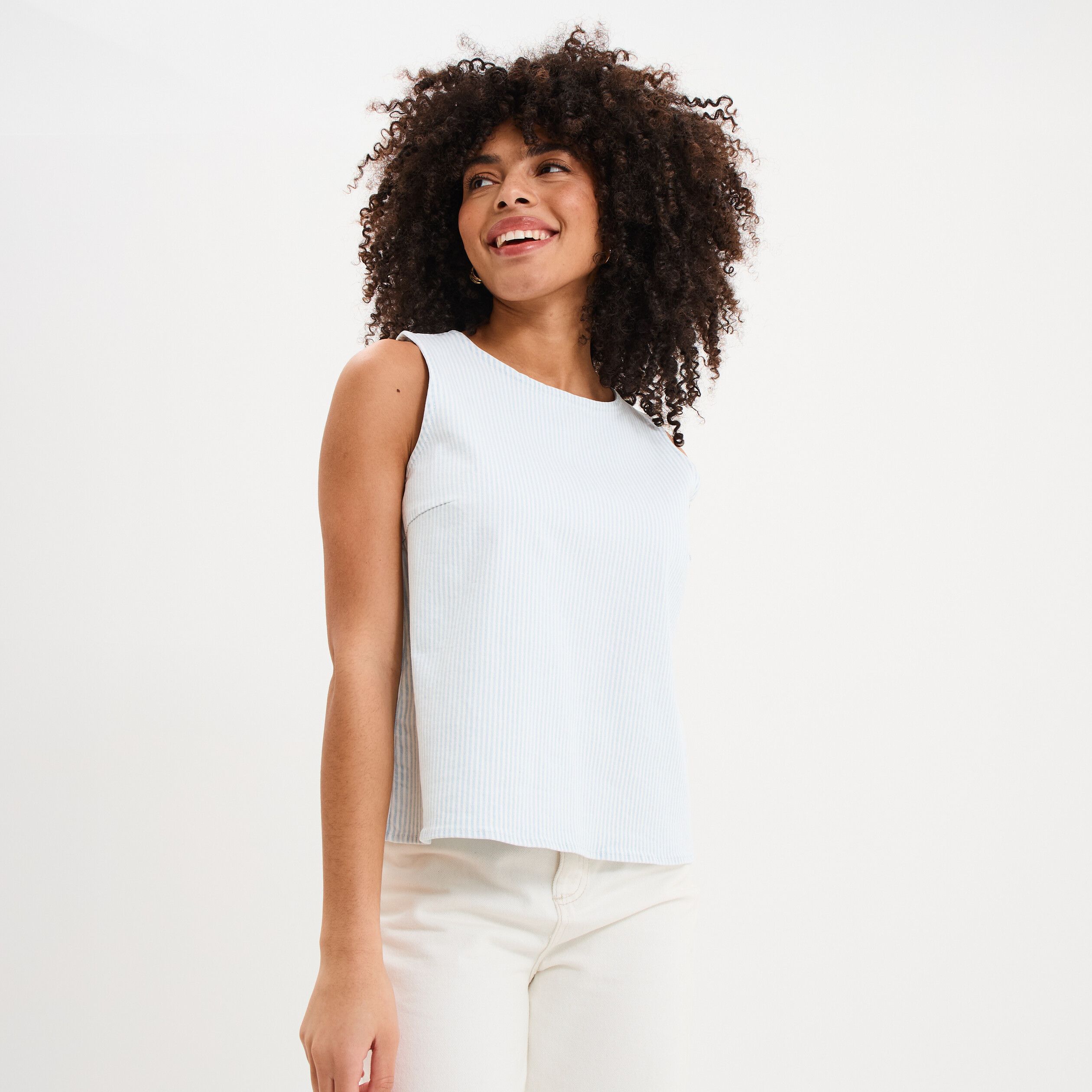 Blouse courte sans manches droite coton blanc femme