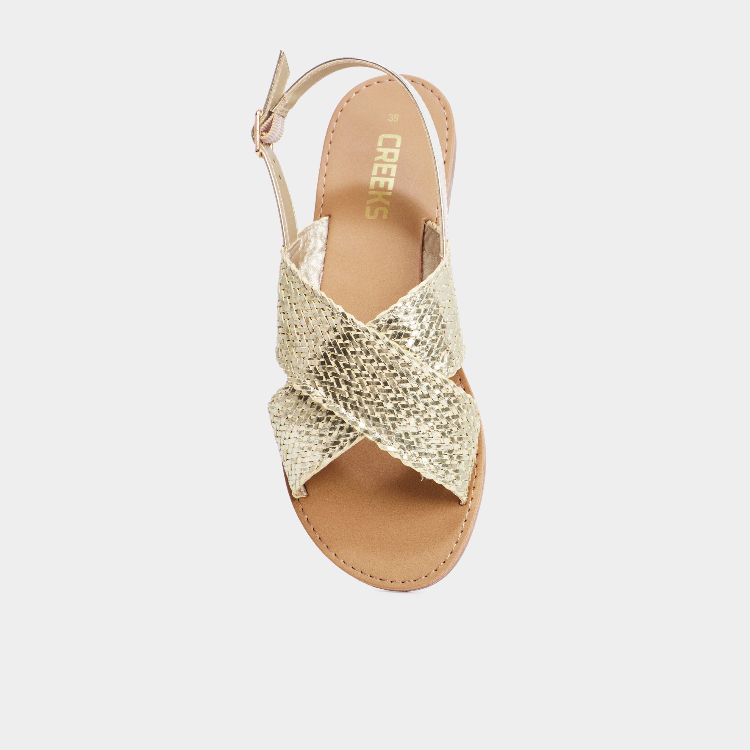 Sandales plates brides tressees croisees jaune or femme