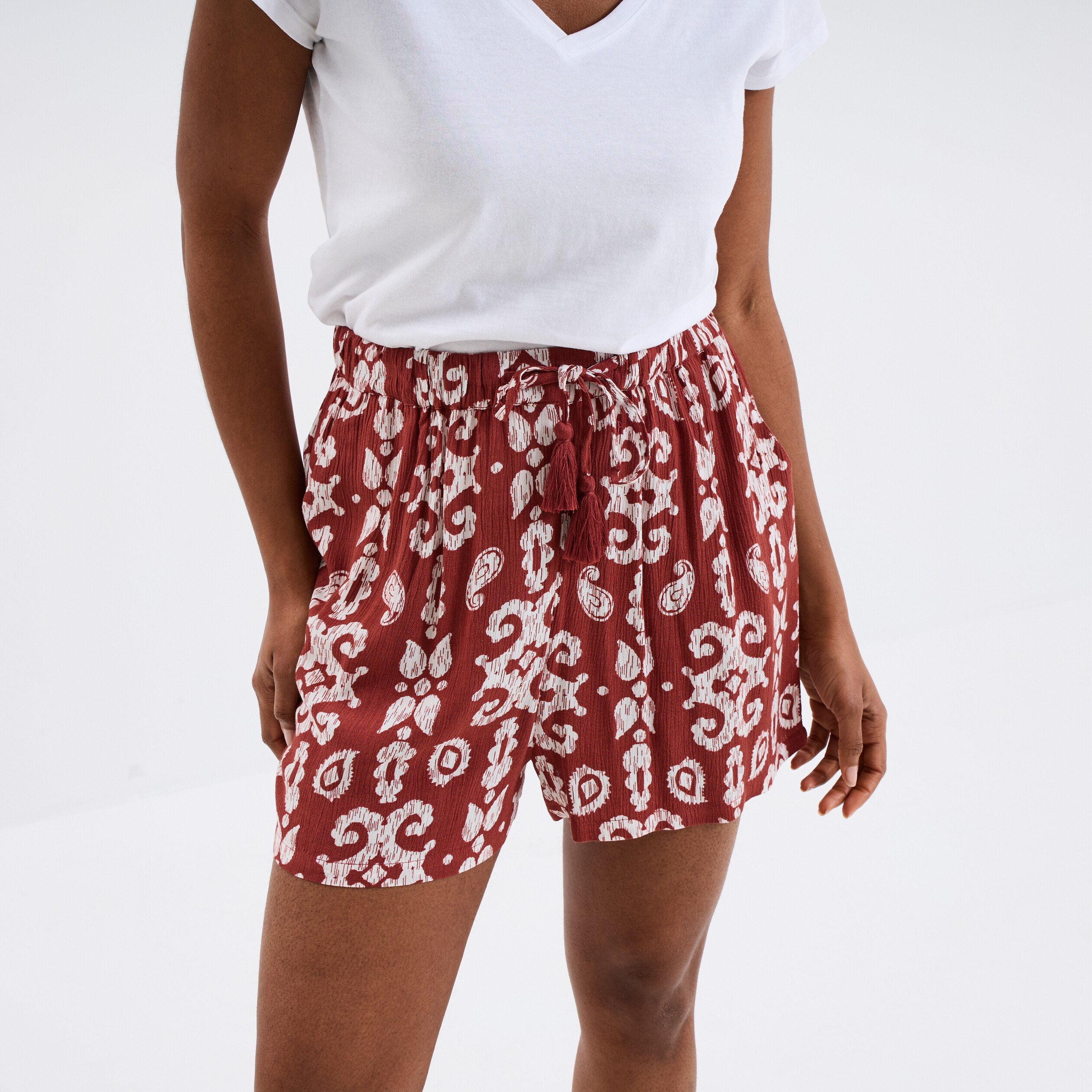 short large crepe avec pampilles terracotta femme Short large crêpe avec pampilles terracotta femme