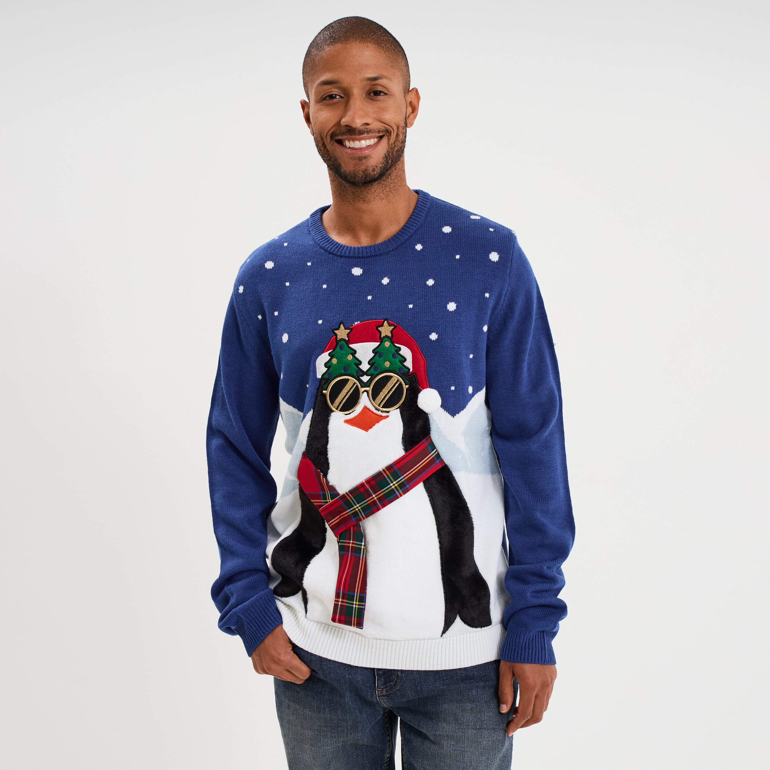 Pull de No&euml;l col rond bleu homme