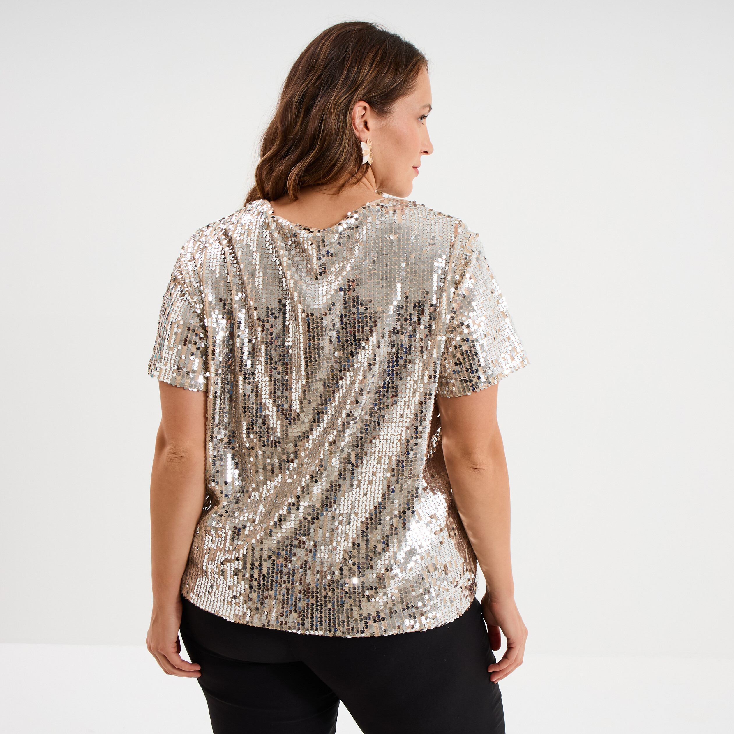 T-shirt &agrave; sequins manches courtes jaune or femme grande taille