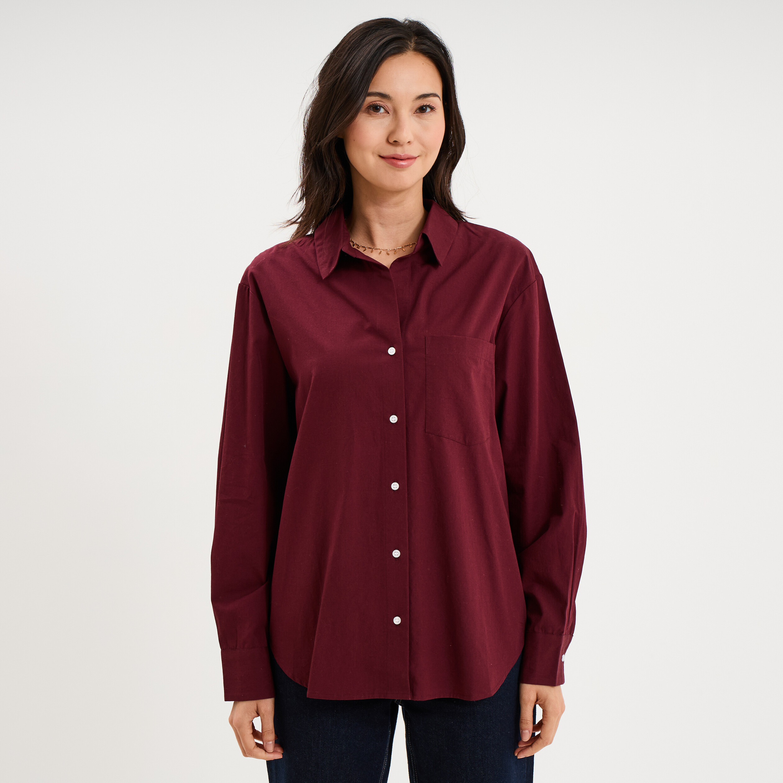 Chemise oversize 1 poche coton violet fonc&eacute; femme