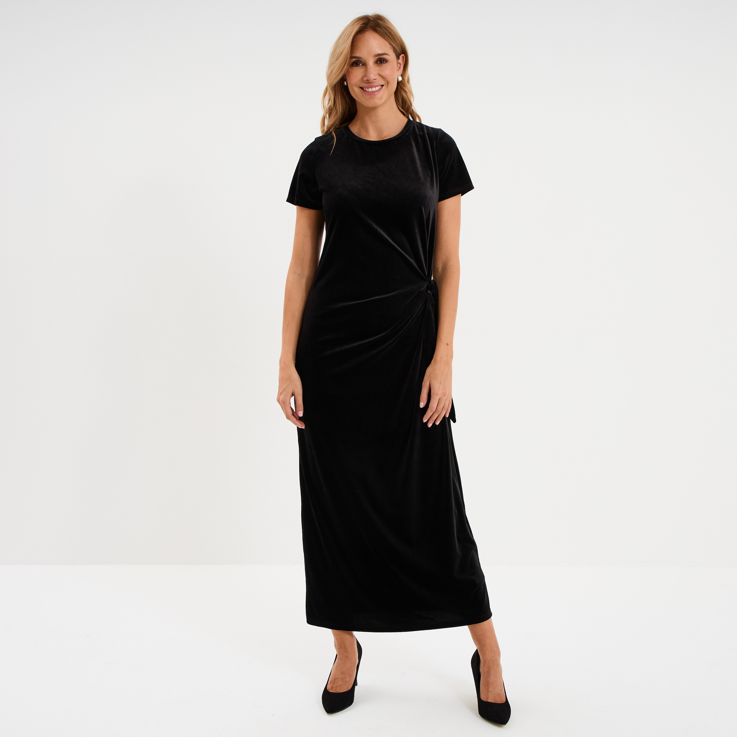 Robe effet velours longue noeud c&ocirc;t&eacute; noir femme