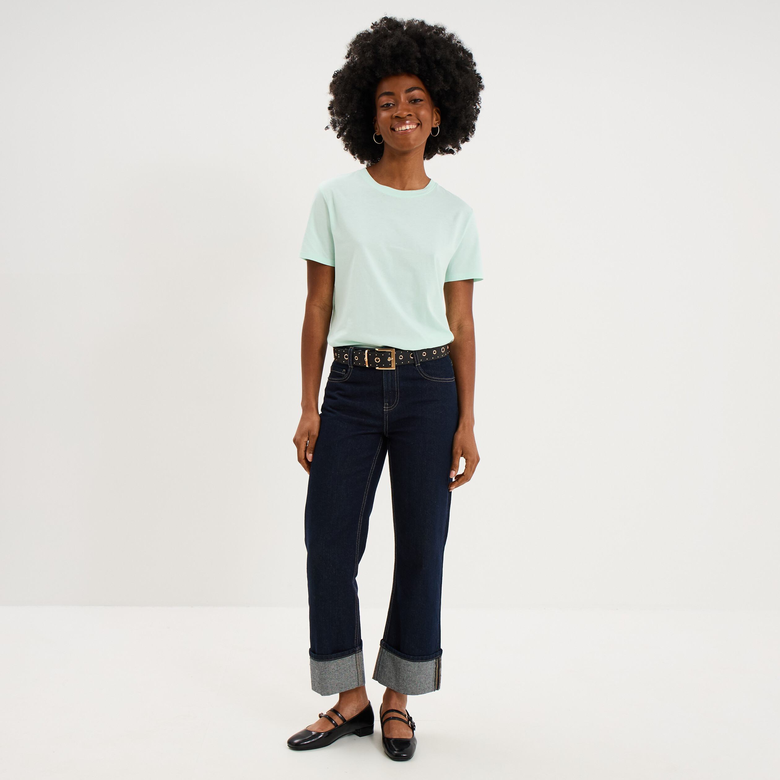 T-shirt col rond manches courtes coton vert clair femme