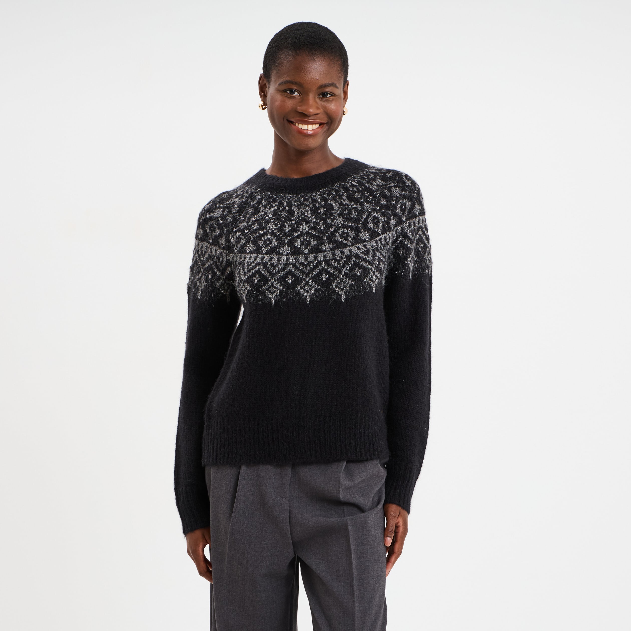 Pull jacquard col rond manches longues noir femme