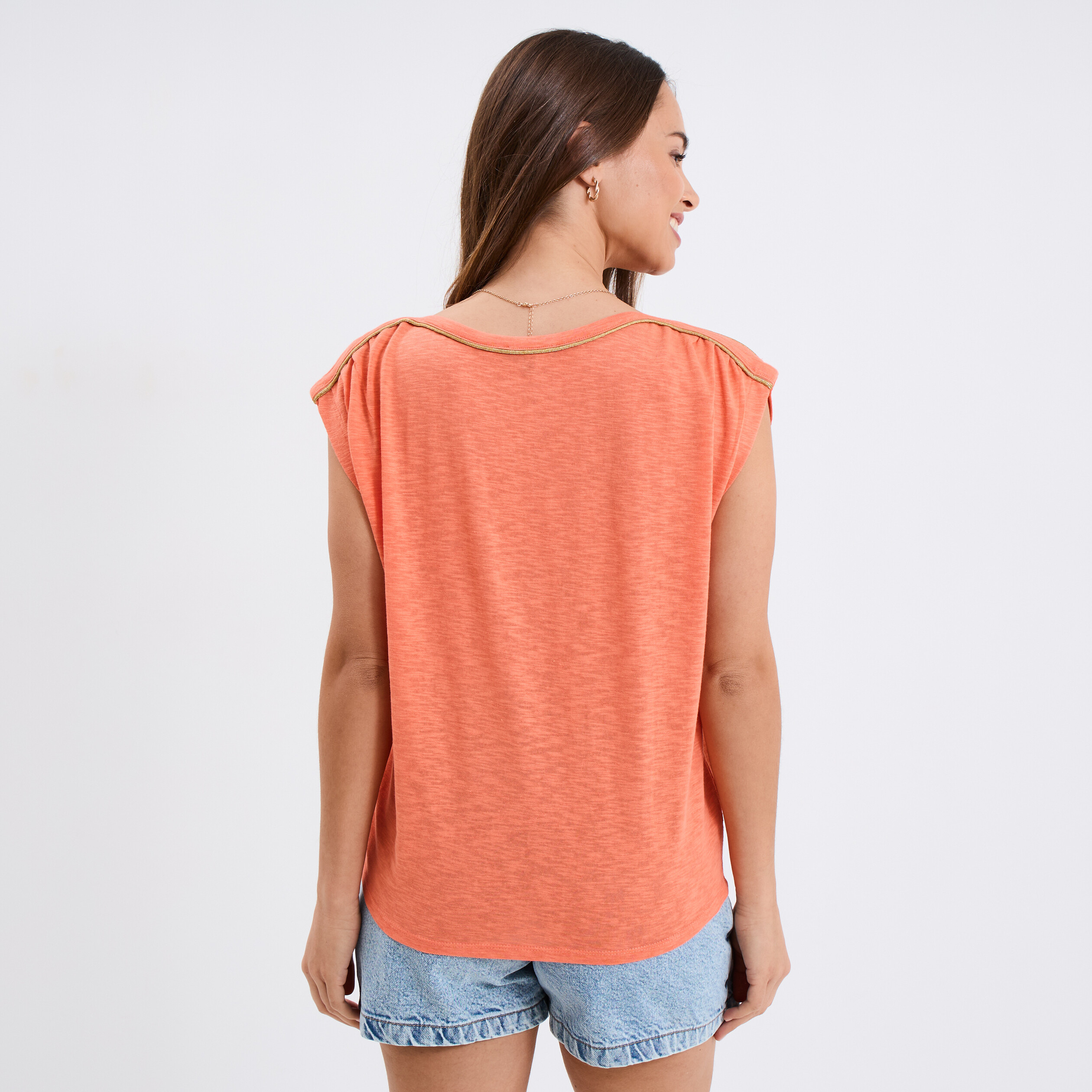 t shirt sans manches rose corail femme T-shirt sans manches rose corail femme