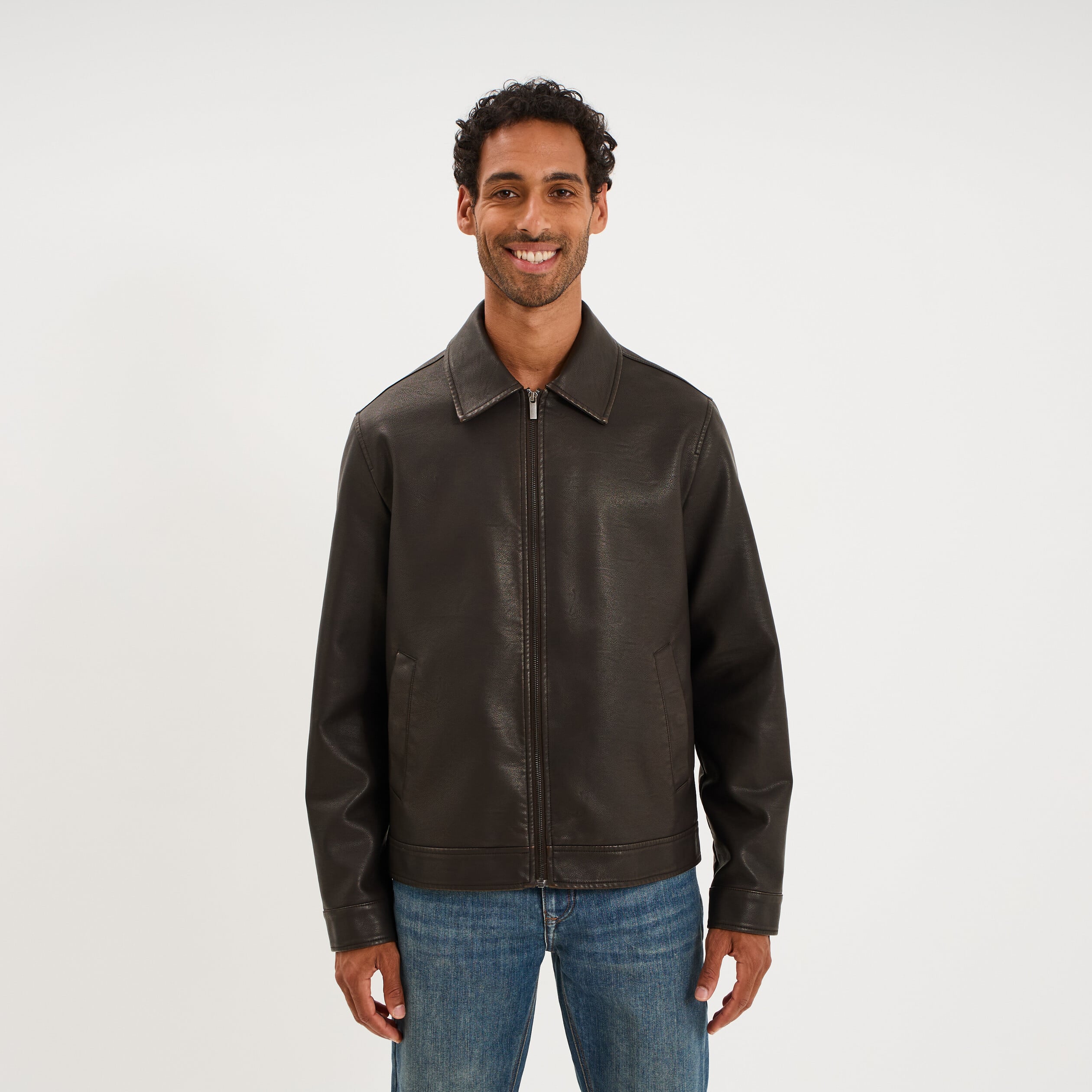 Veste courte simili cuir marron homme
