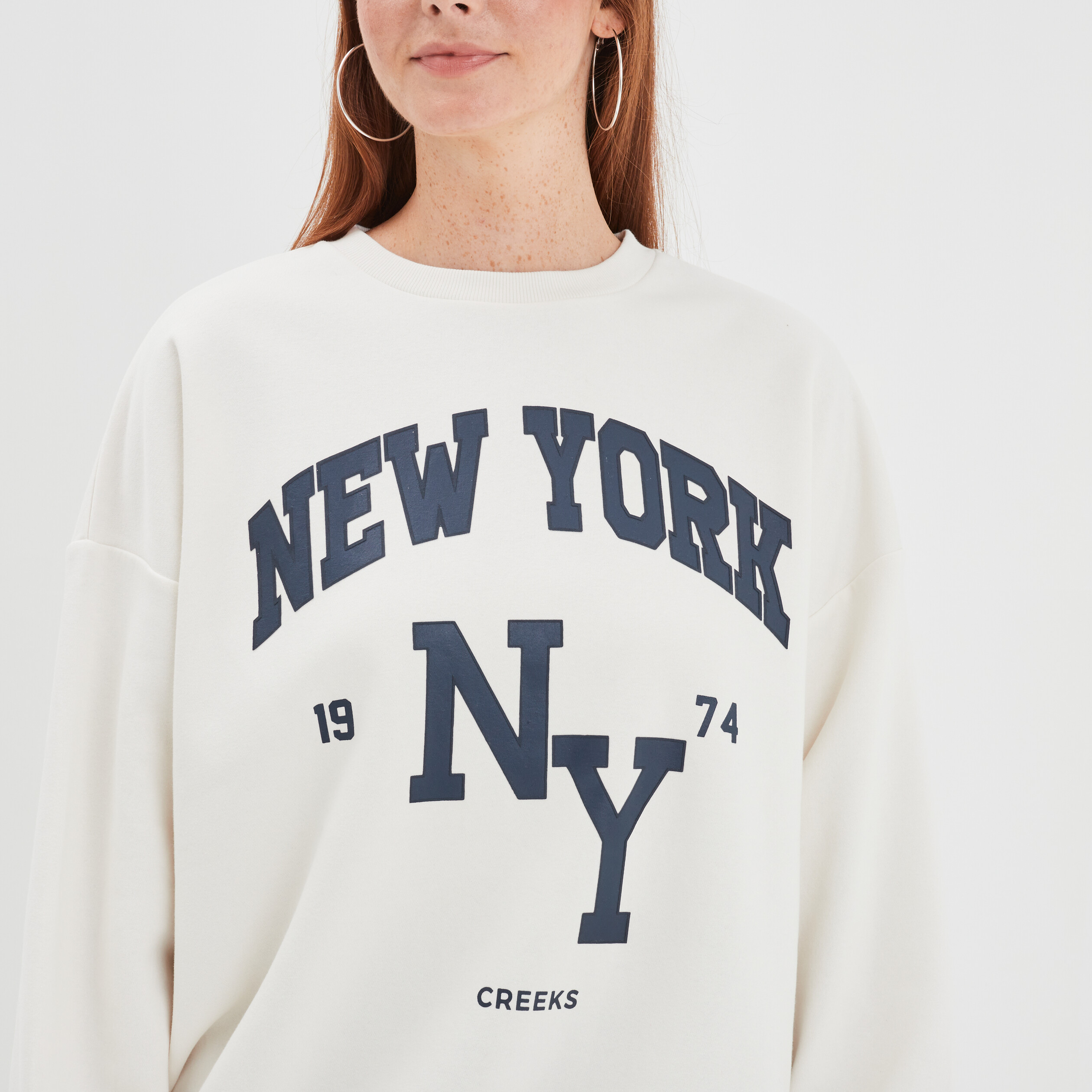 Sweat oversize mi-long col rond Creeks creme femme