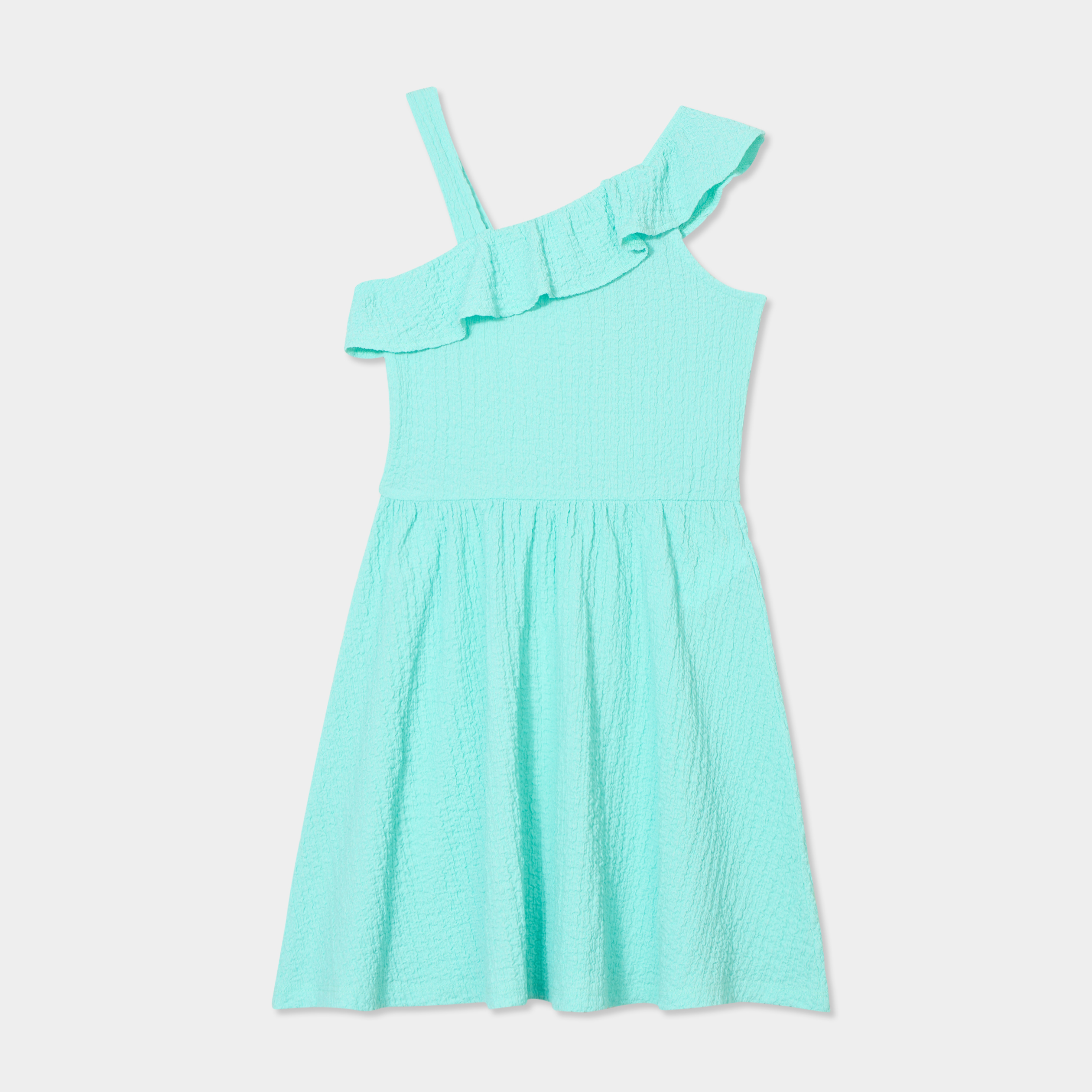 Robe courte col asym&eacute;trique &agrave; volants bleu turquoise fille