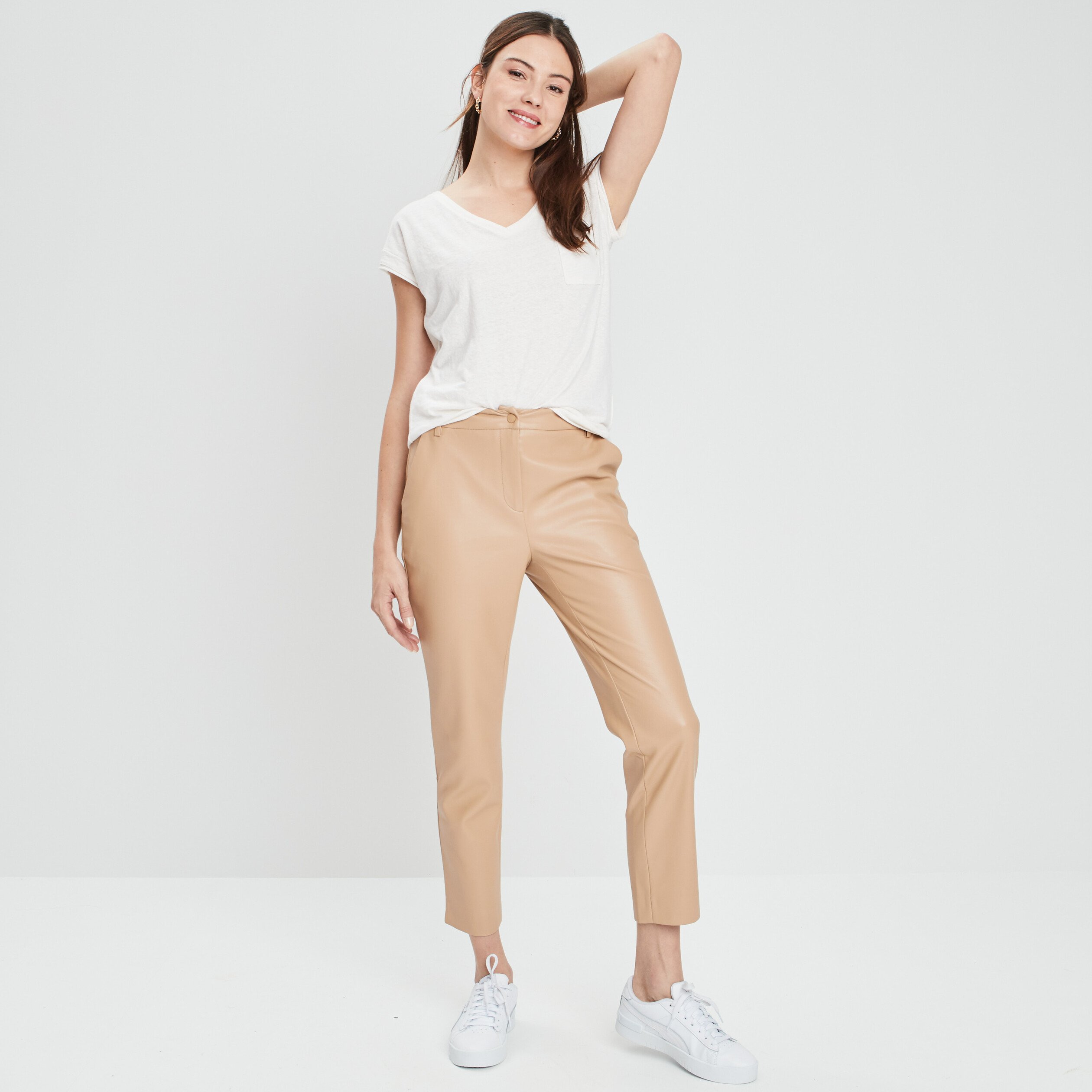 Pantalon ajusté 7/8 ème simili cuir sable femme