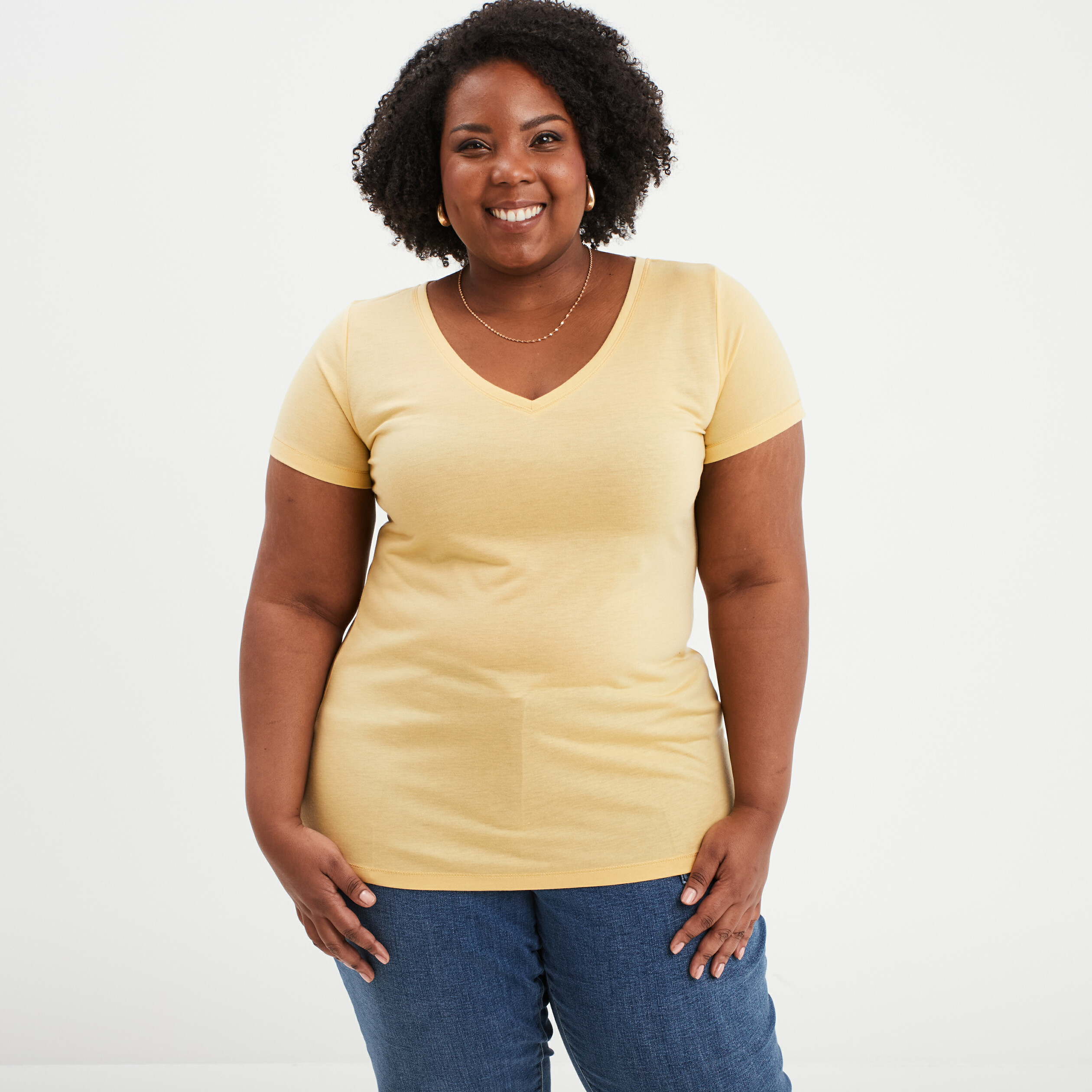 T-shirt manches courtes col V jaune clair femme grande taille