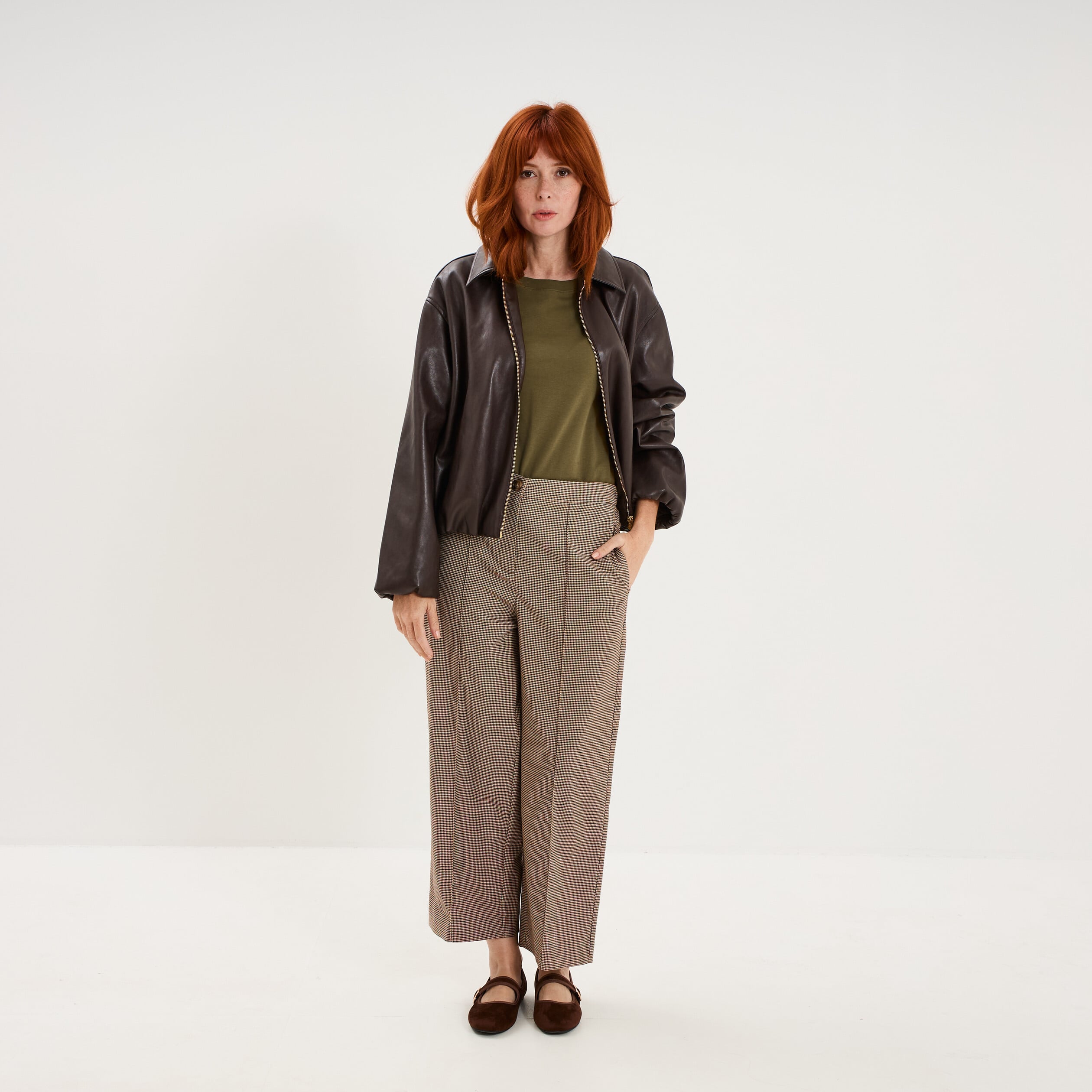 Pantalon droit cropped taille haute marron femme
