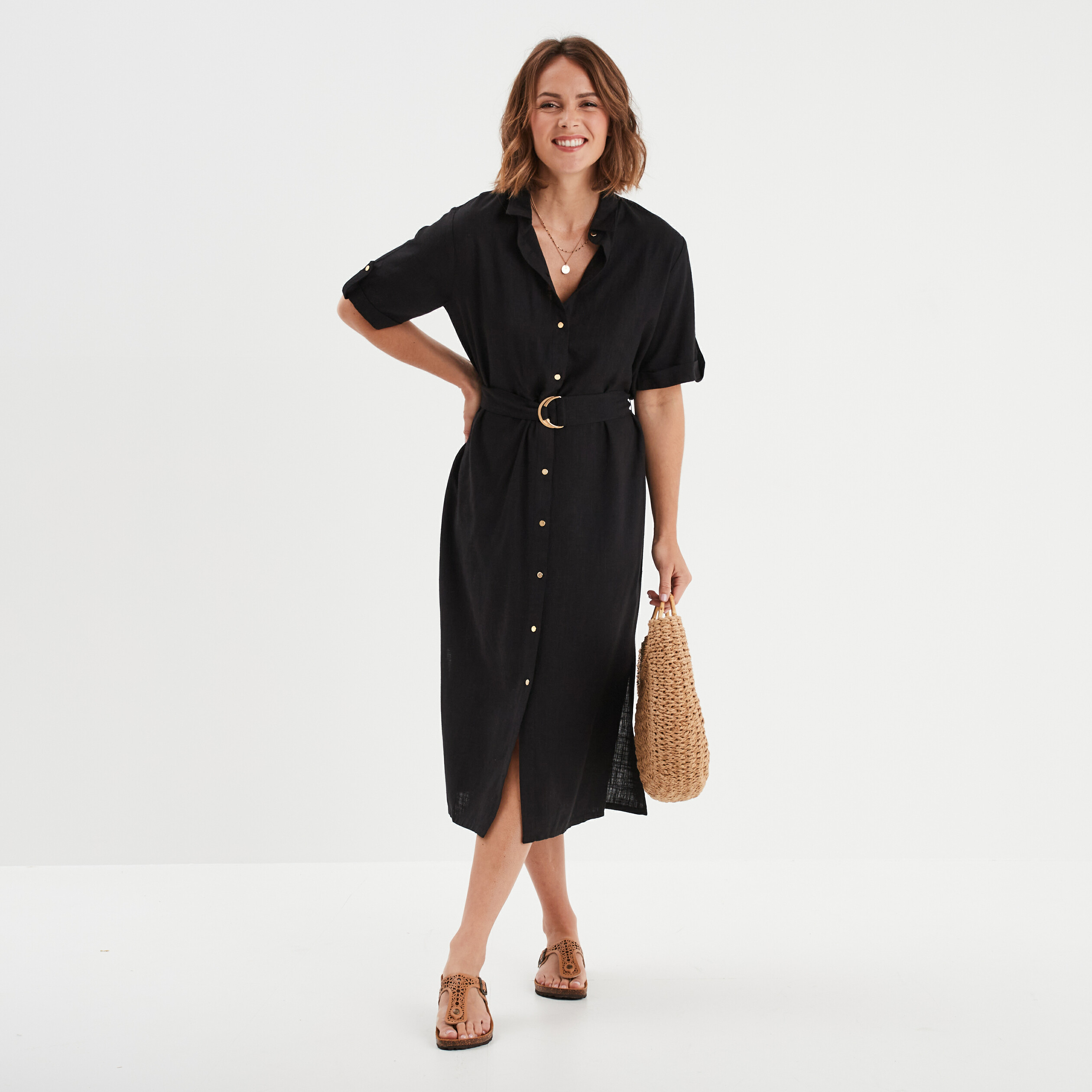 robe chemise midi boutonnee ceinturee noir femme Robe chemise midi boutonnée ceinturée noir femme