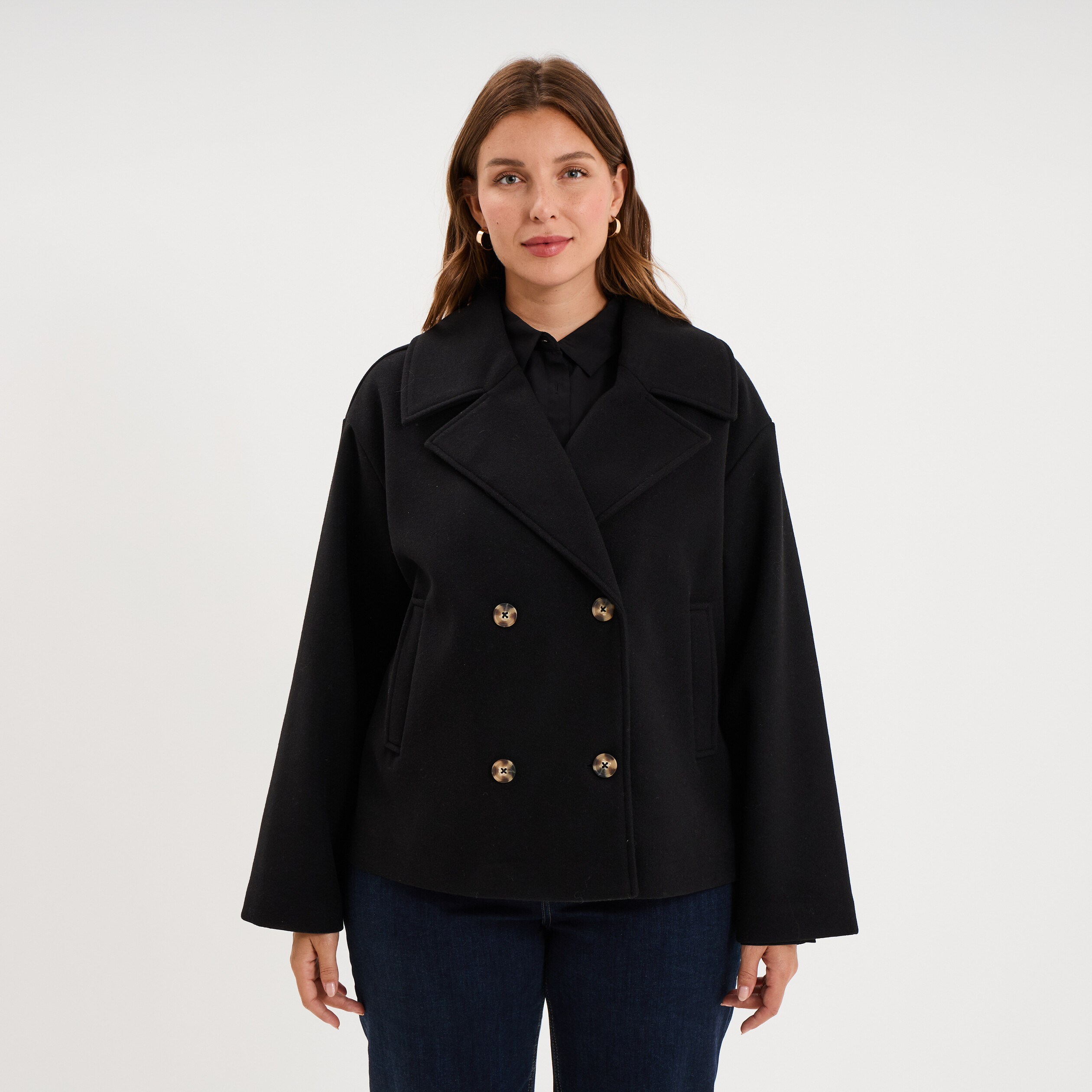 Manteau court double boutonnage noir femme grande taille