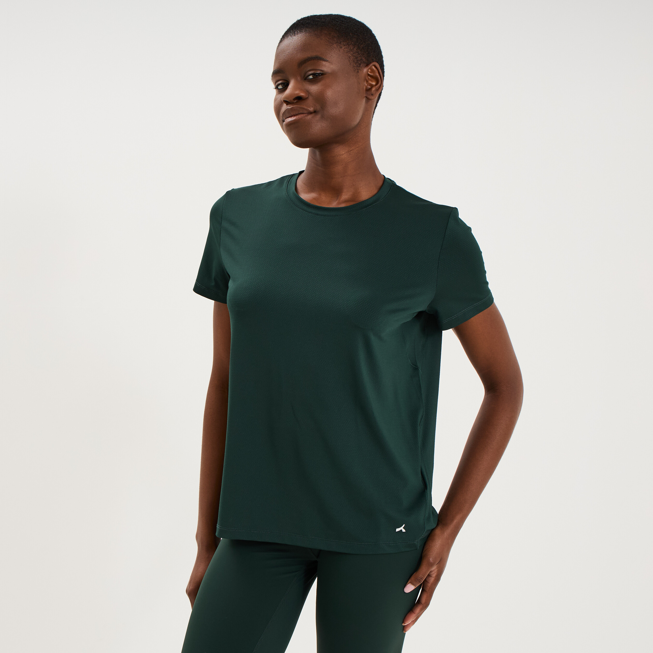 T-shirt de sport droit manches courtes vert fonc&eacute; femme