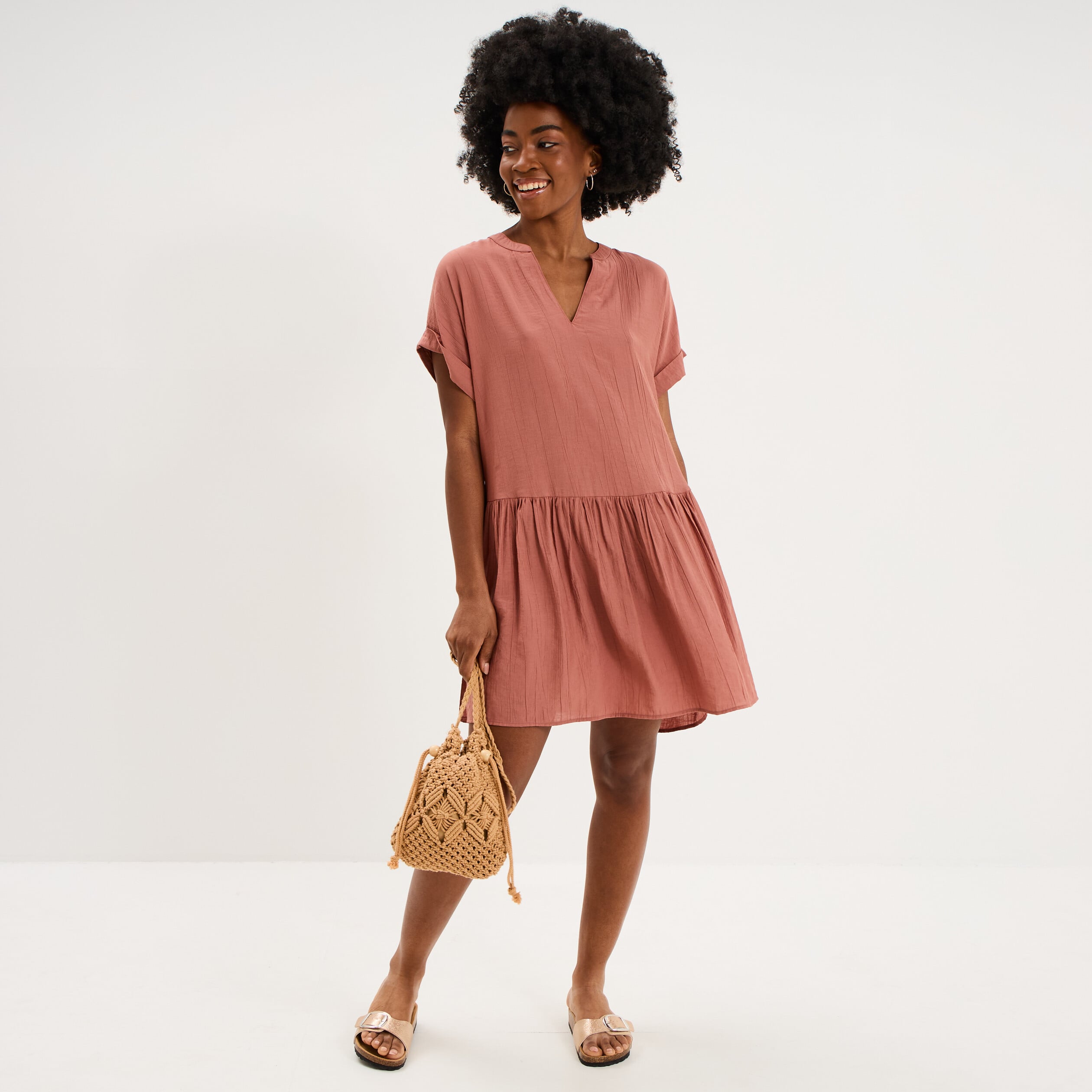 Robe courte fluide bas volants terracotta femme