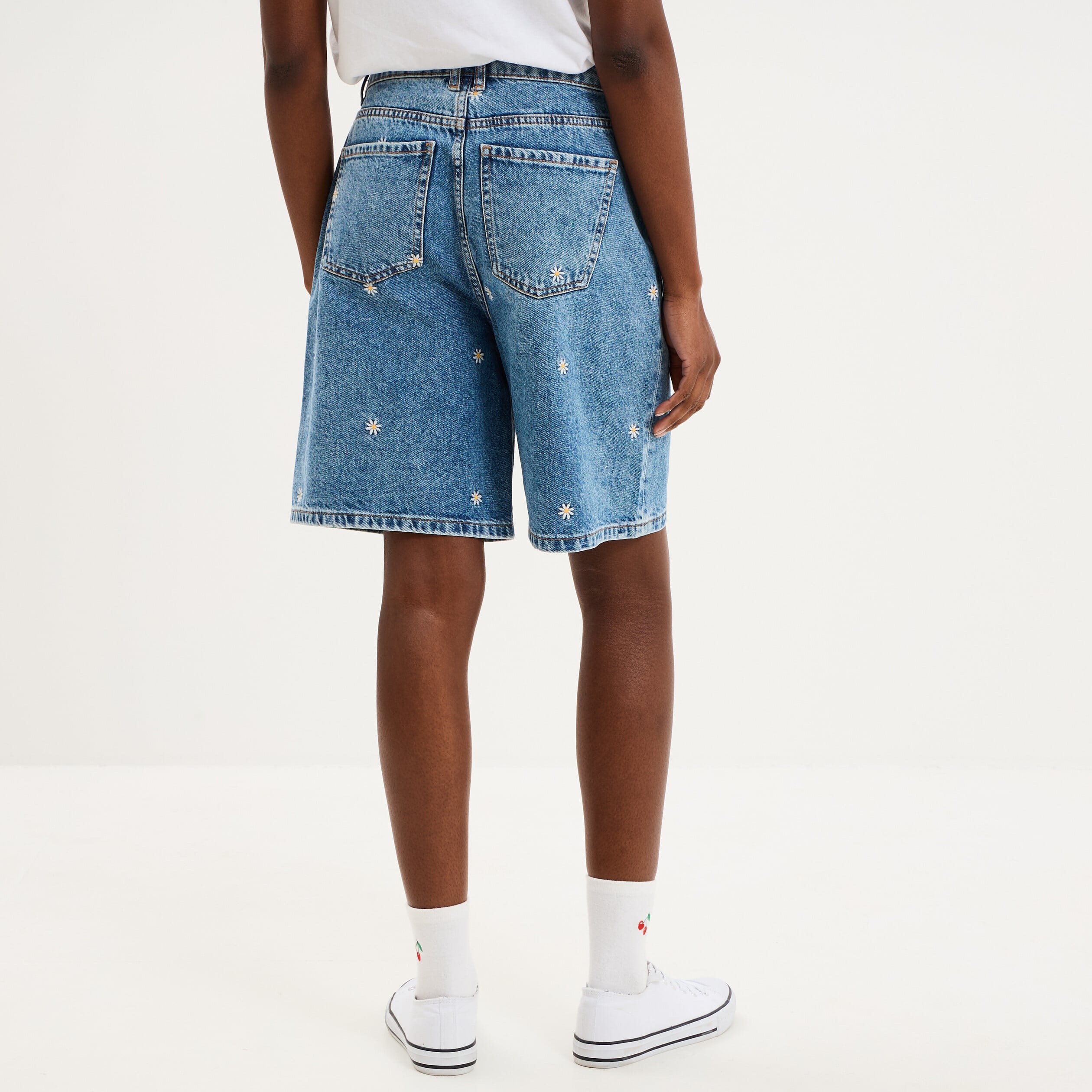 Short bermuda en jean large brod&eacute; denim double stone femme