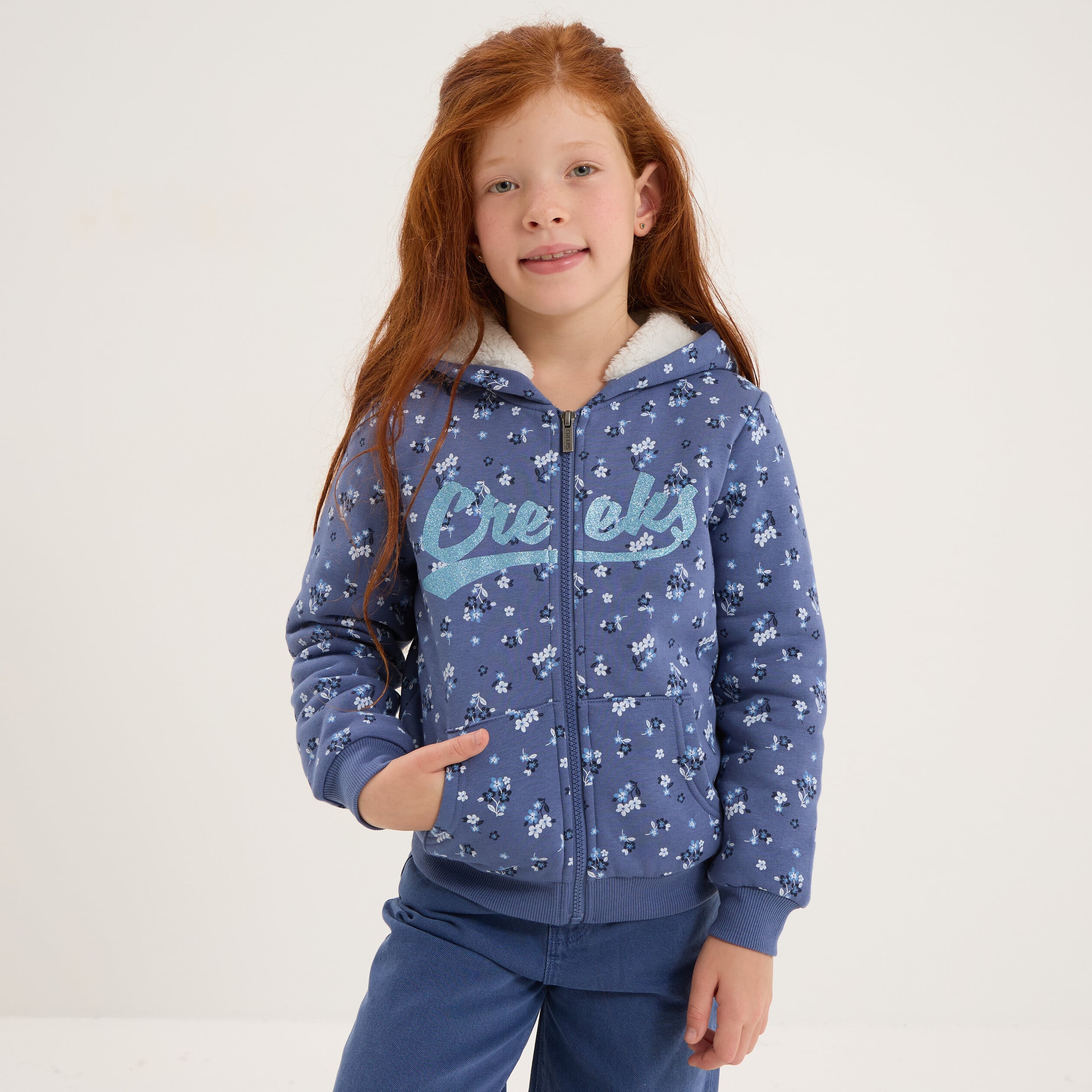 Gilet doubl&eacute; &agrave; capuche bleu gris fille