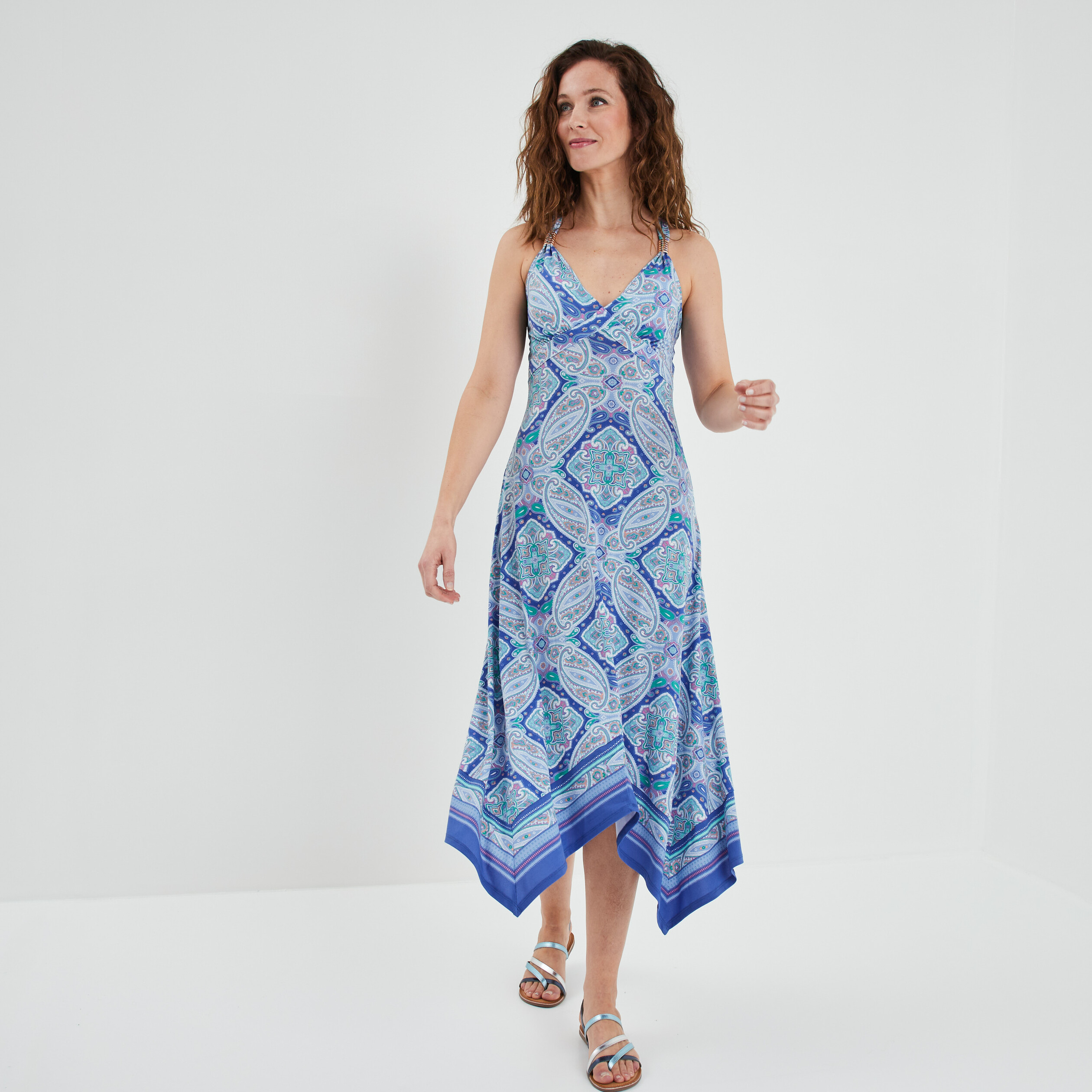 robe longue evasee asymetrique bleu femme Robe longue évasée asymétrique bleu femme