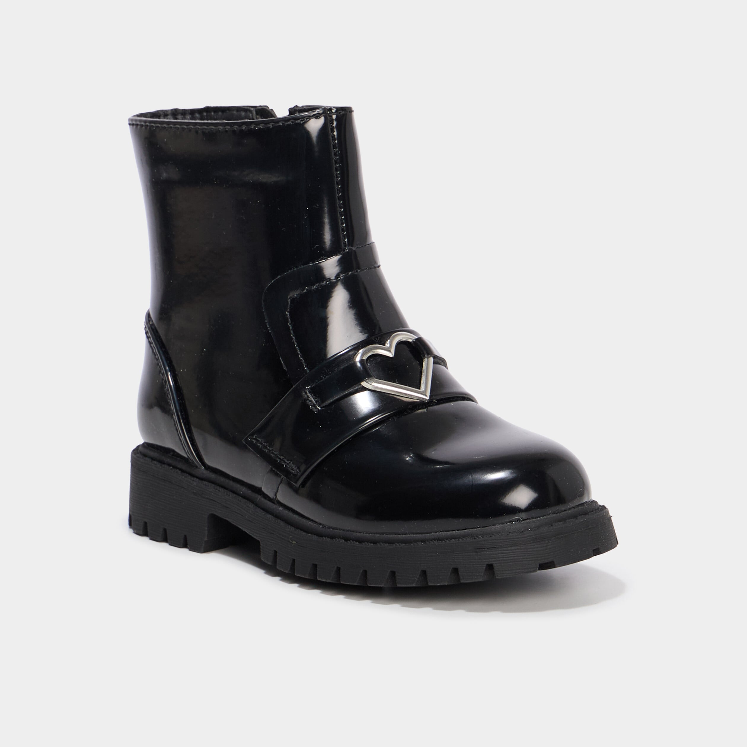 Boots vernies d&eacute;tails bijoux coeur noir fille