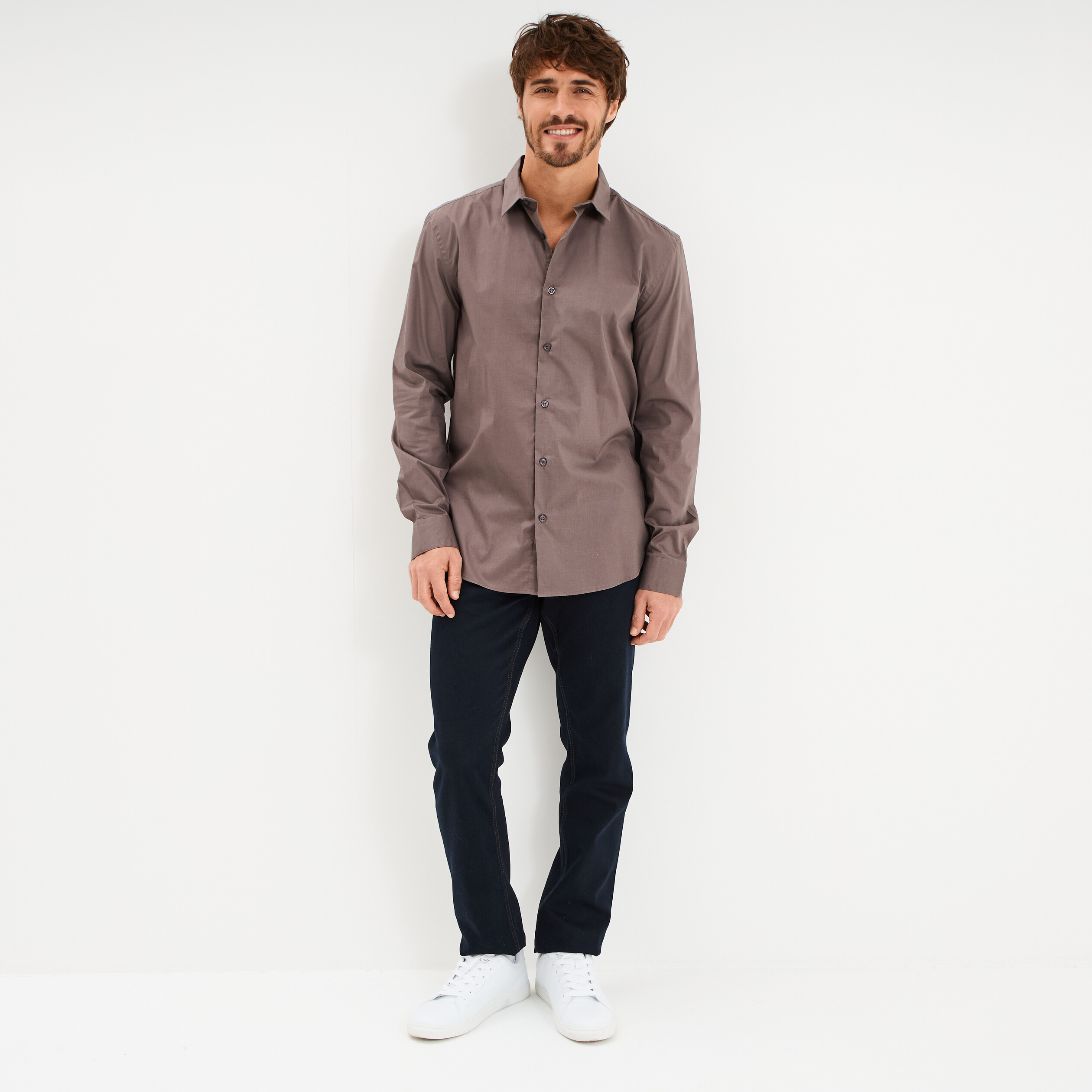 Chemise stretch manches longues gris fonc&eacute; homme