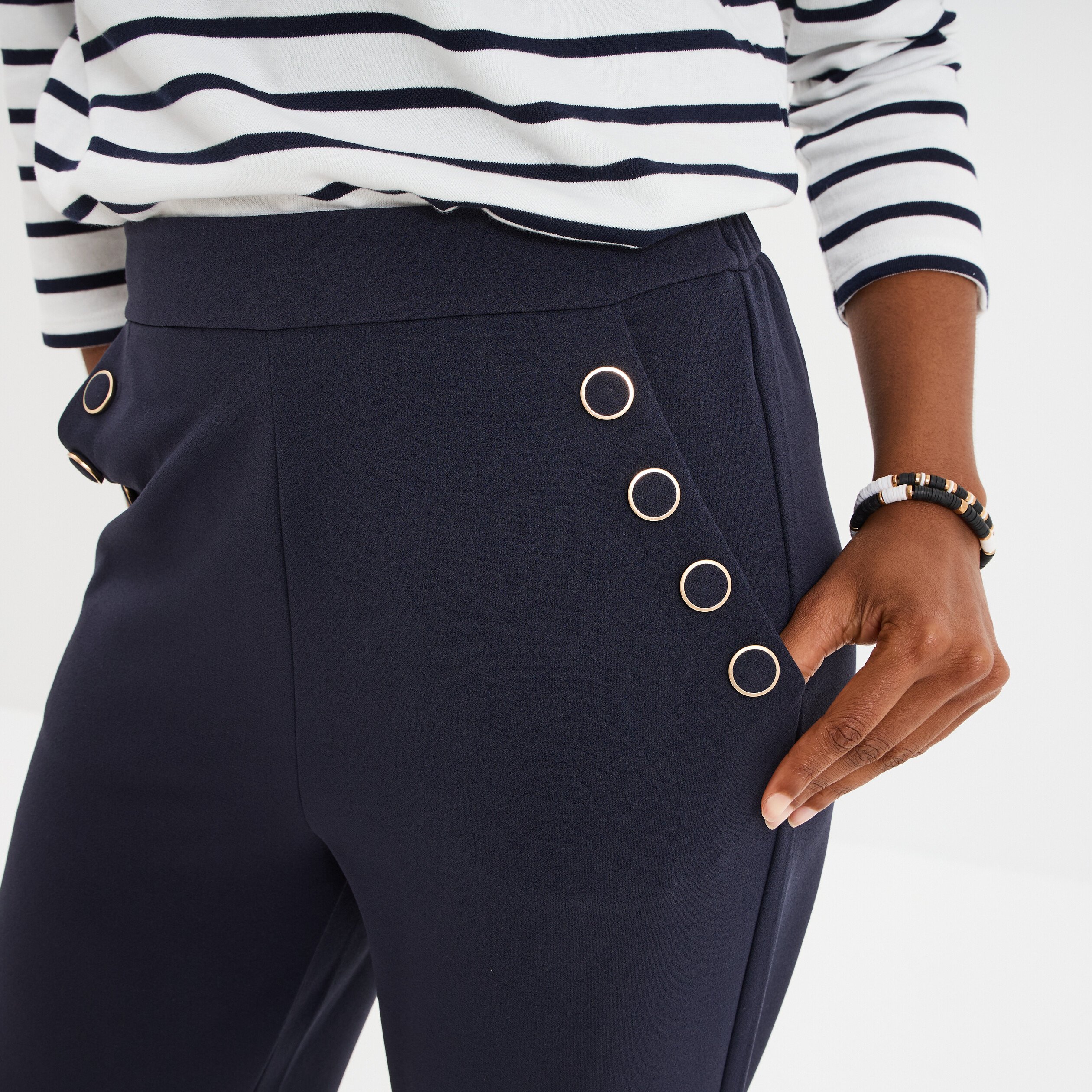 Pantalon droit à pont taille élastiquée bleu foncé femme La Halle