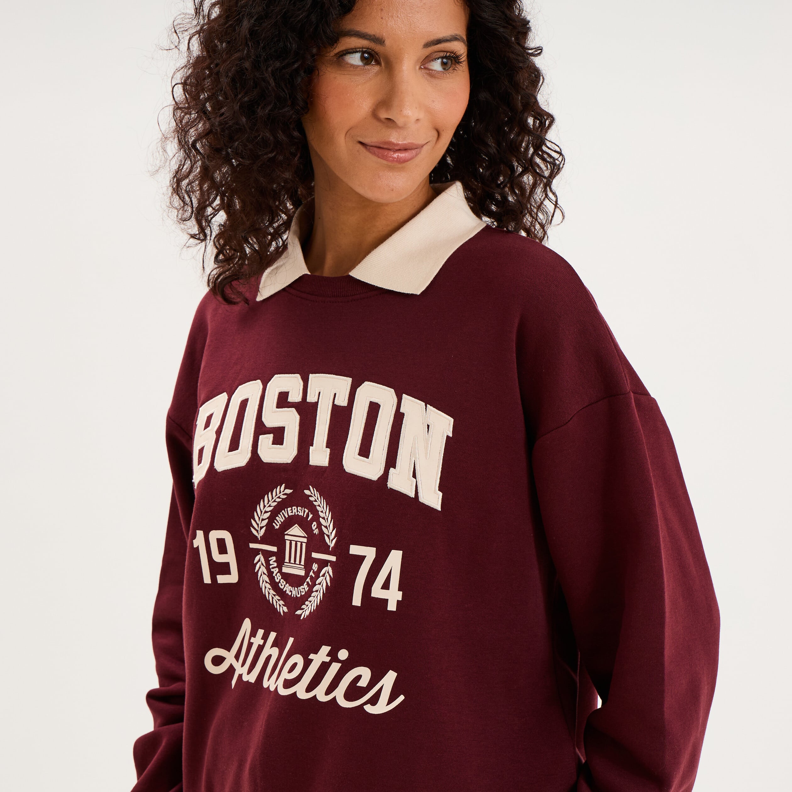 Sweat col chemise manches longues violet fonc&eacute; femme