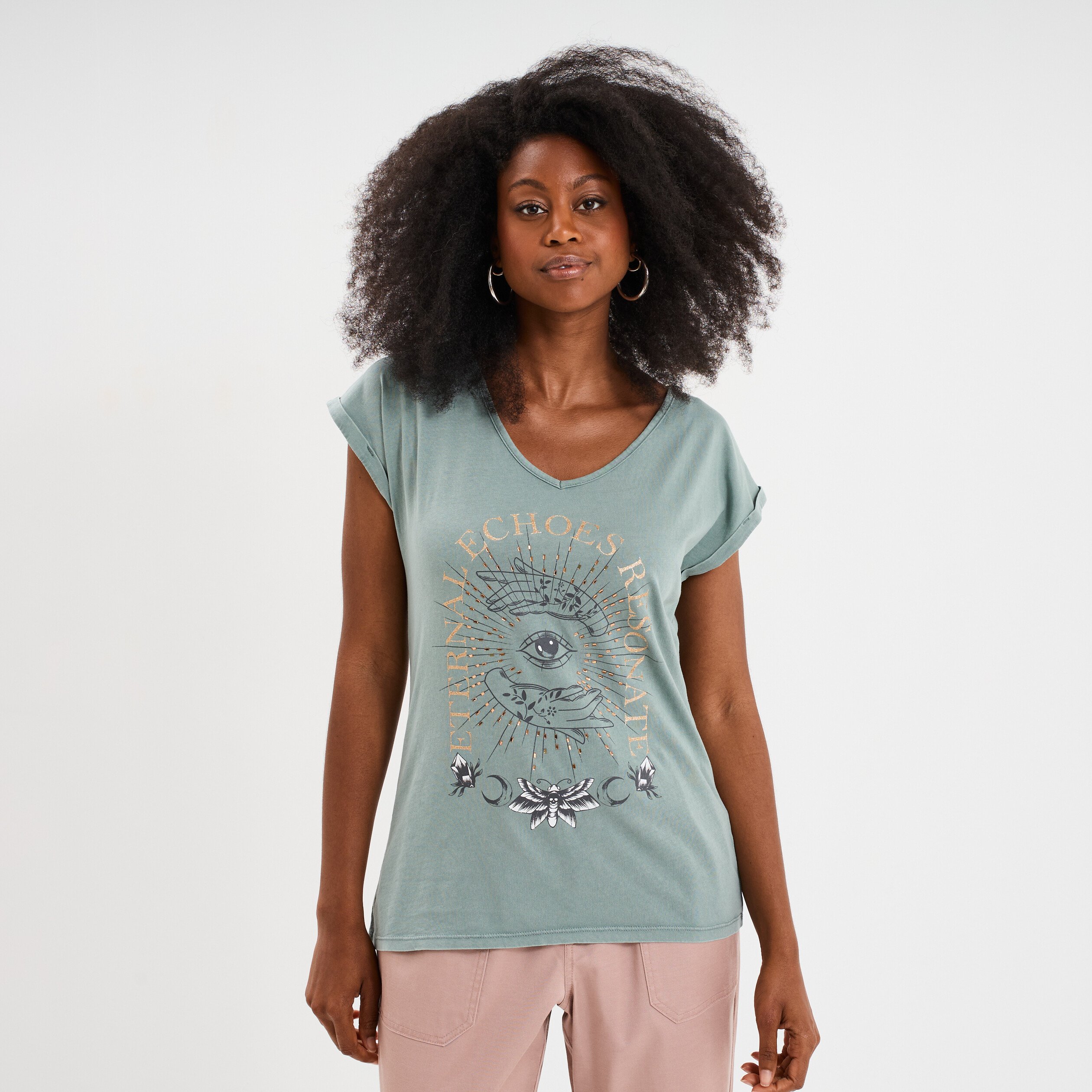 t shirt coton col en v manches courtes bleu canard femme T-shirt coton col en V manches courtes bleu canard femme