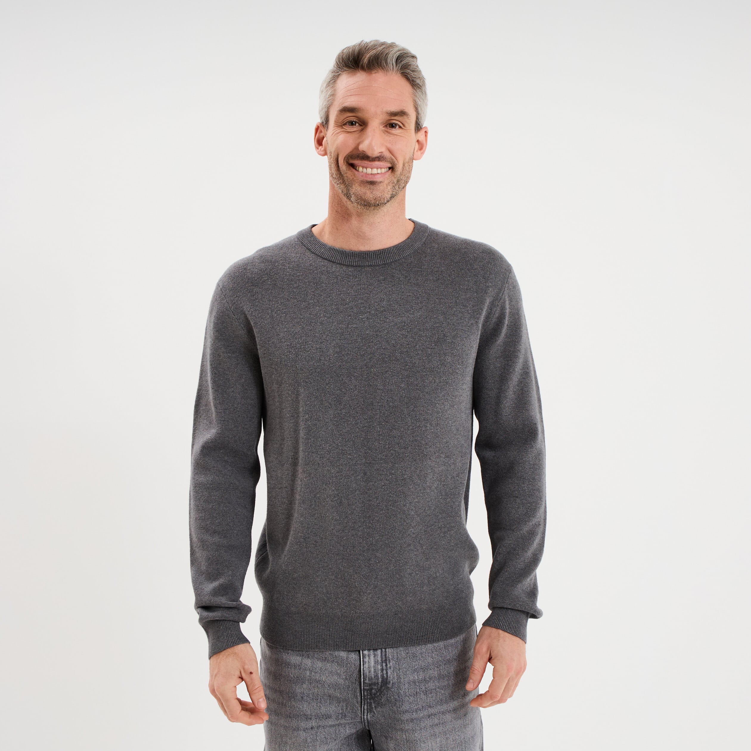 Pull col rond manches longues gris homme