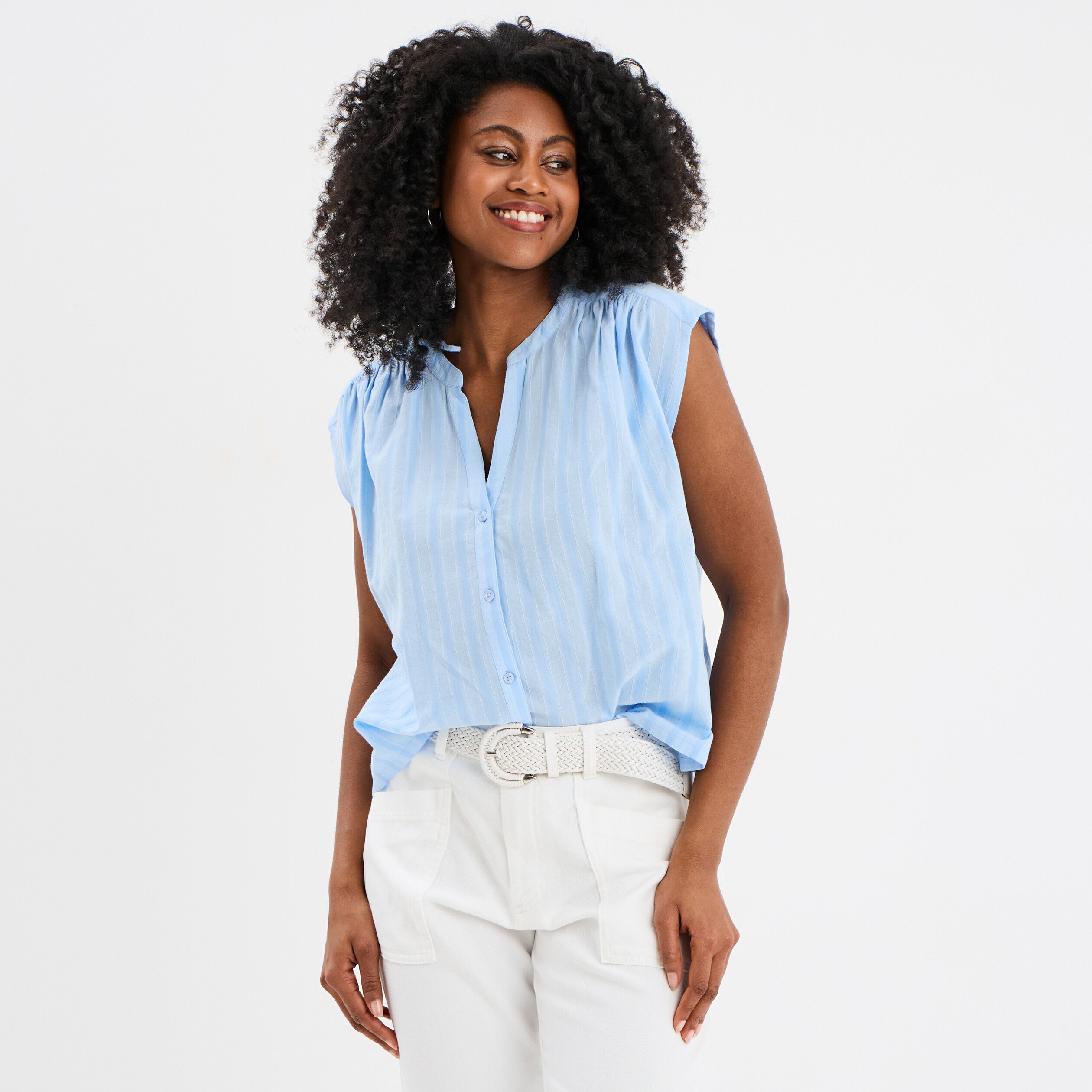 blouse sans manches col tunisien coton bleu ciel femme Blouse sans manches col tunisien coton bleu ciel femme