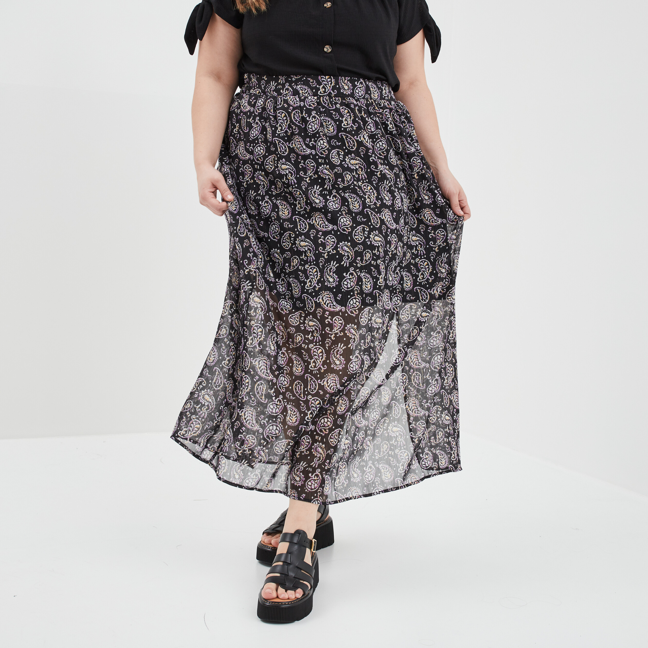 jupe droite fendue fils metallises noir femmegt Jupe droite fendue fils métallisés noir femme grande taille