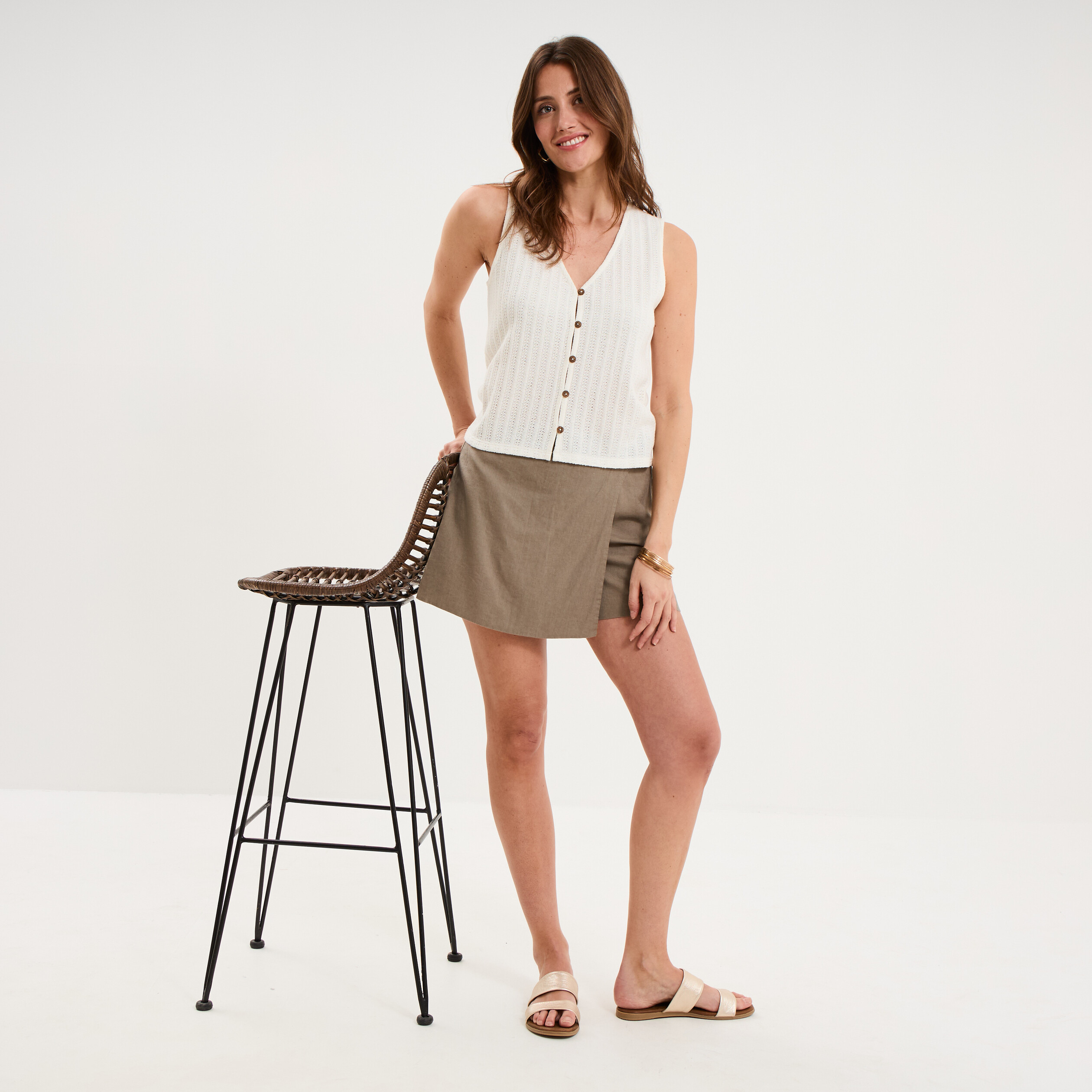 D&eacute;bardeur effet ajour&eacute; col en V ecru femme