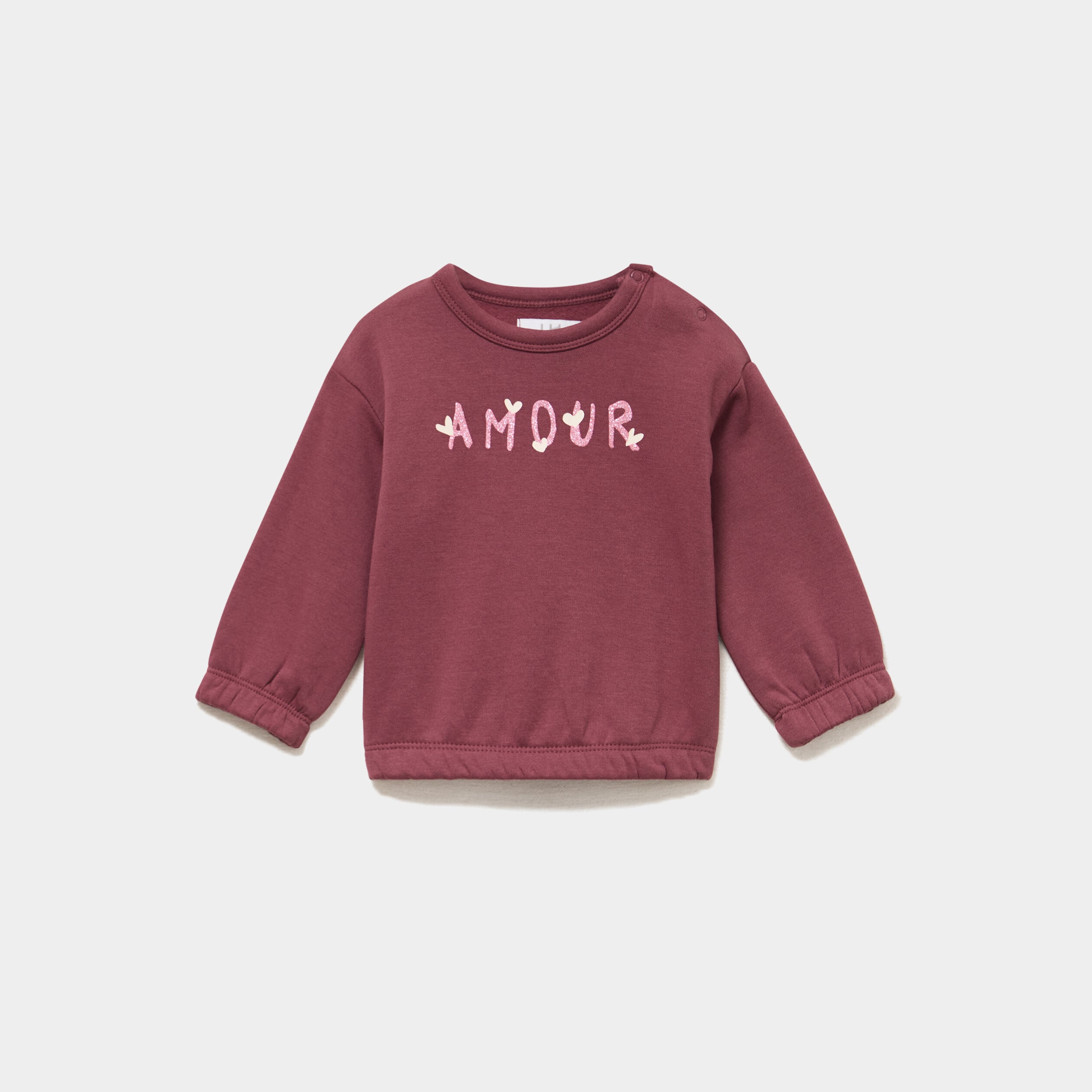 Sweat molletonn&eacute; boutons &eacute;paules bordeaux b&eacute;b&eacute; fille