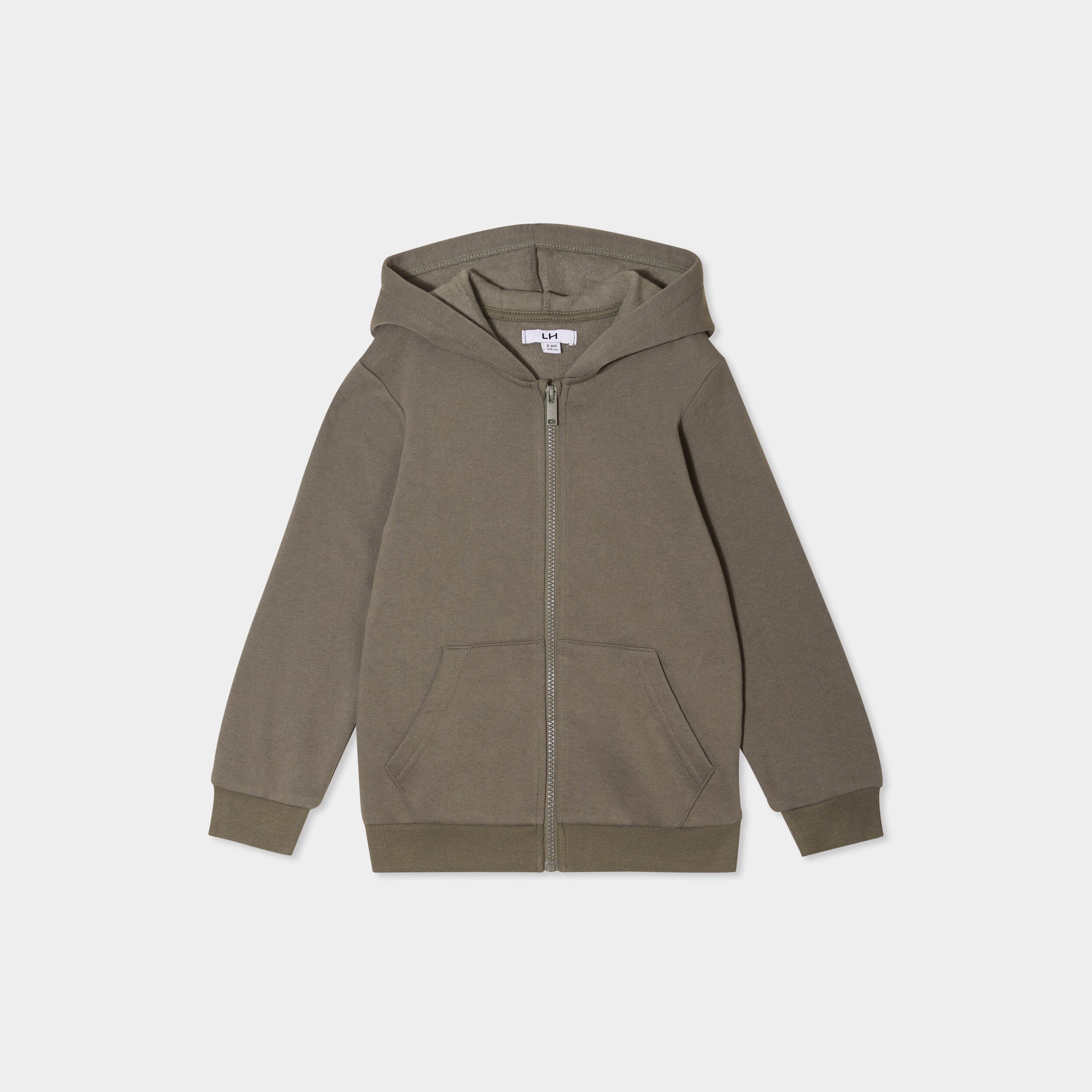 Sweat zipp&eacute; &agrave; capuche molleton vert kaki gar&ccedil;on