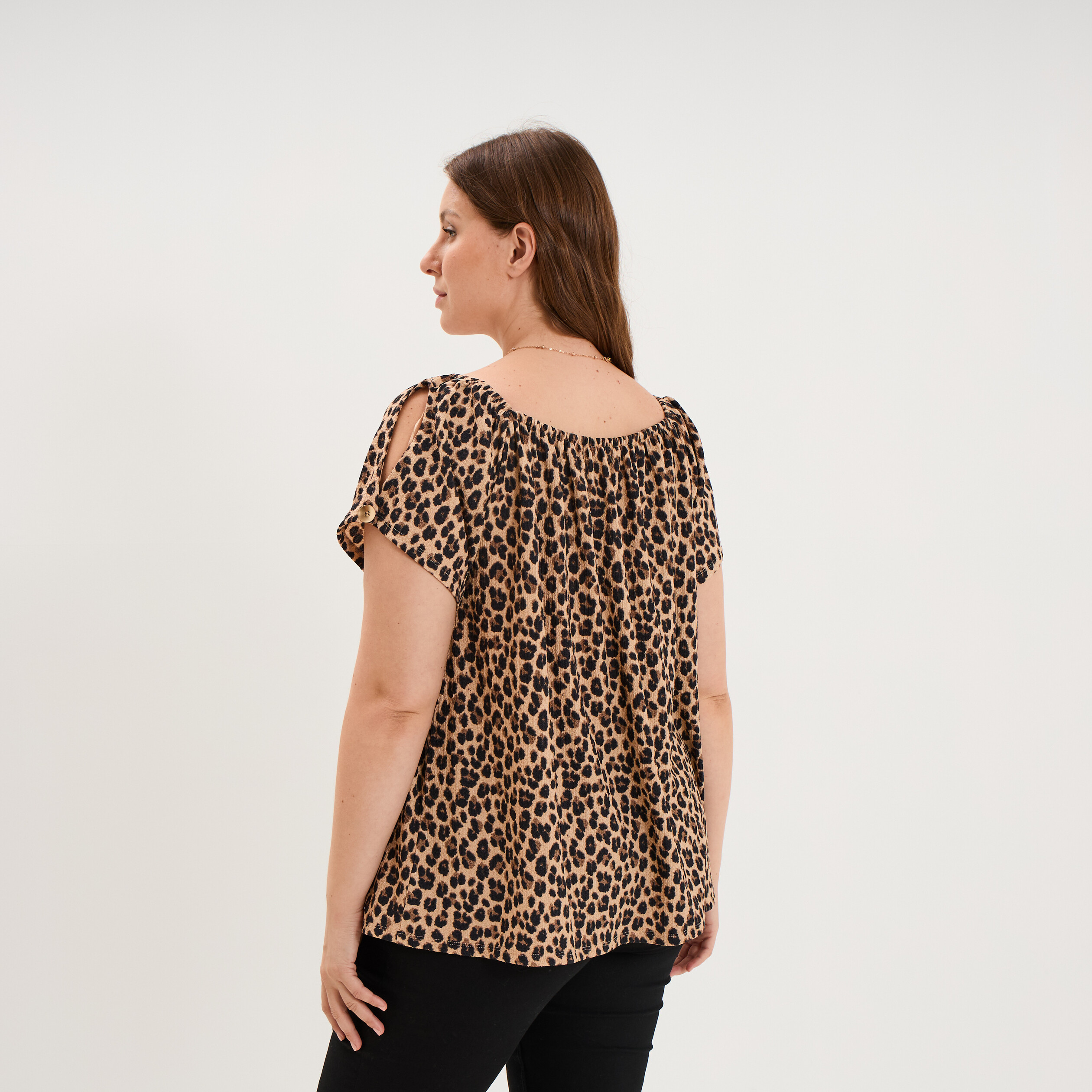 T-shirt gaufr&eacute; avec manches &agrave; noeuds beige clair femme grande taille
