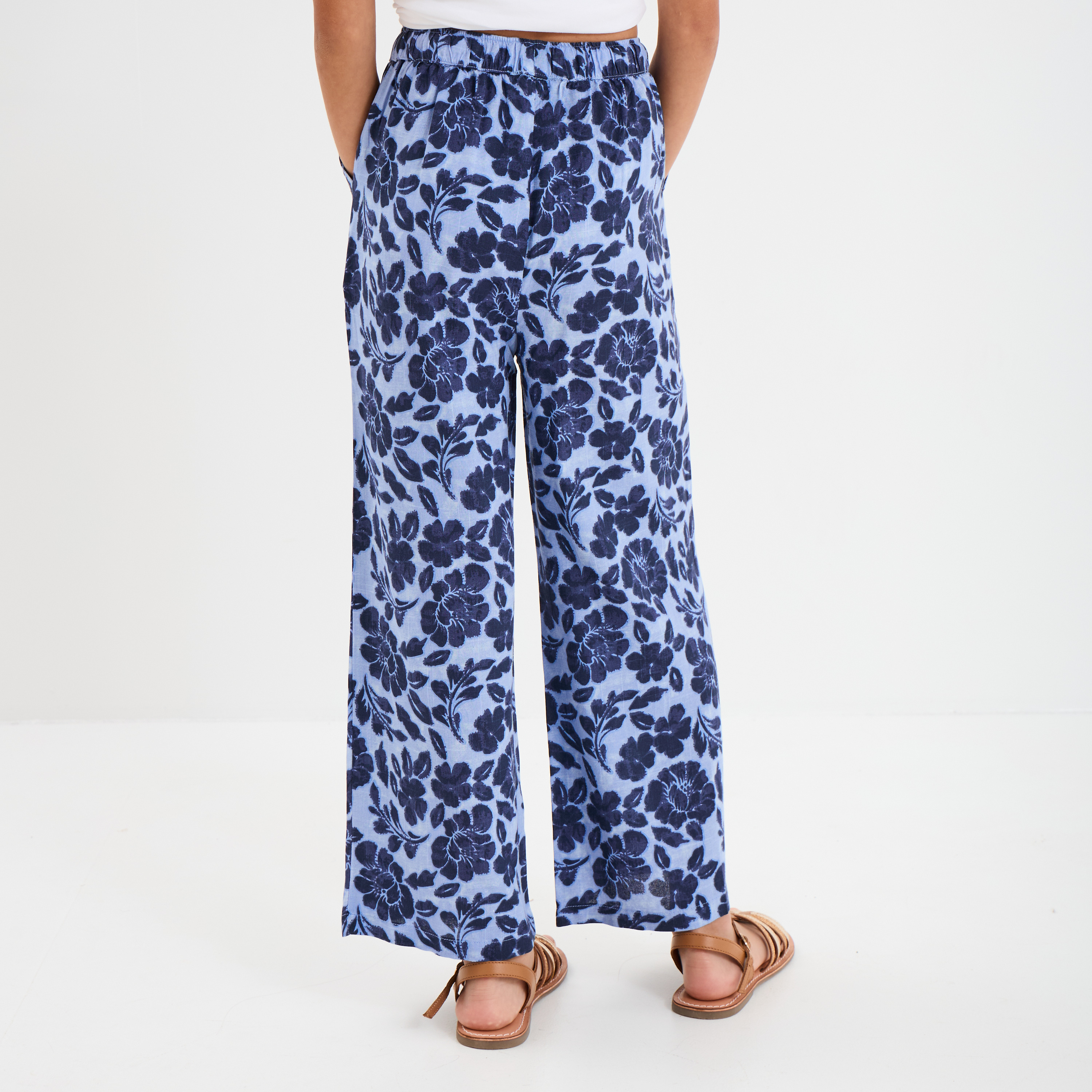Pantalon fluide large taille &eacute;lastiqu&eacute;e bleu fille