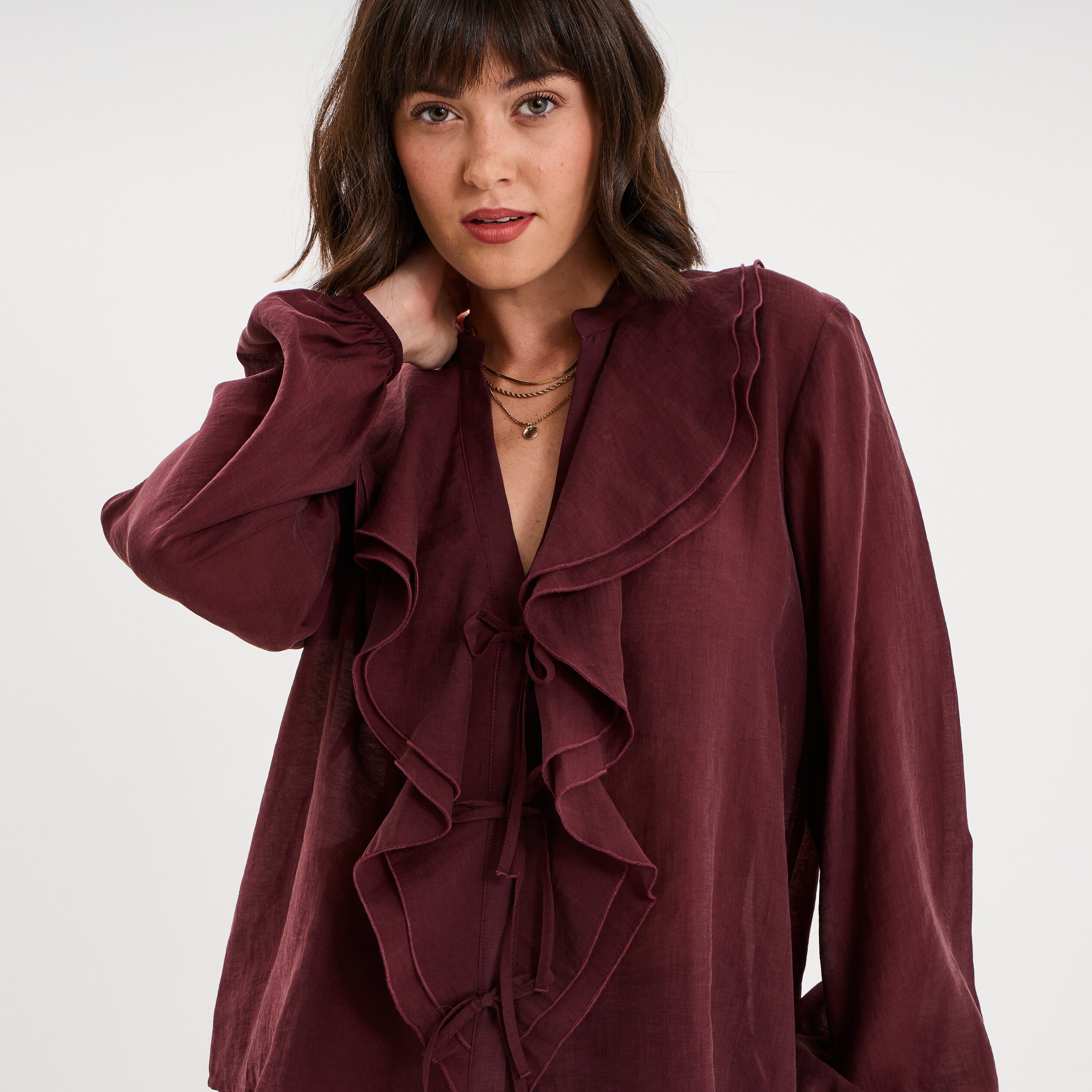 Blouse manches longues col V &agrave; volants violet fonc&eacute; femme