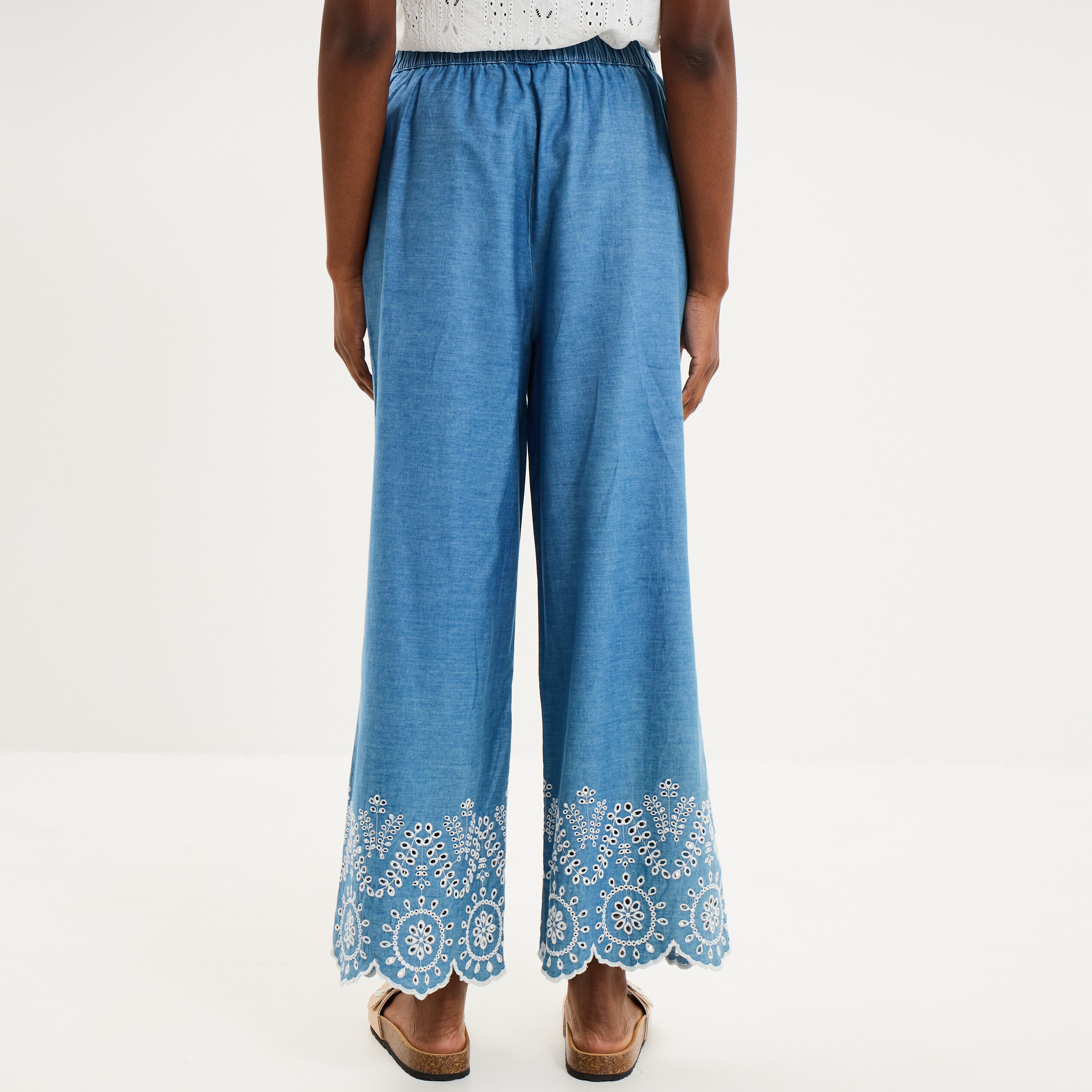 Pantalon avec broderie taille haute denim double stone femme