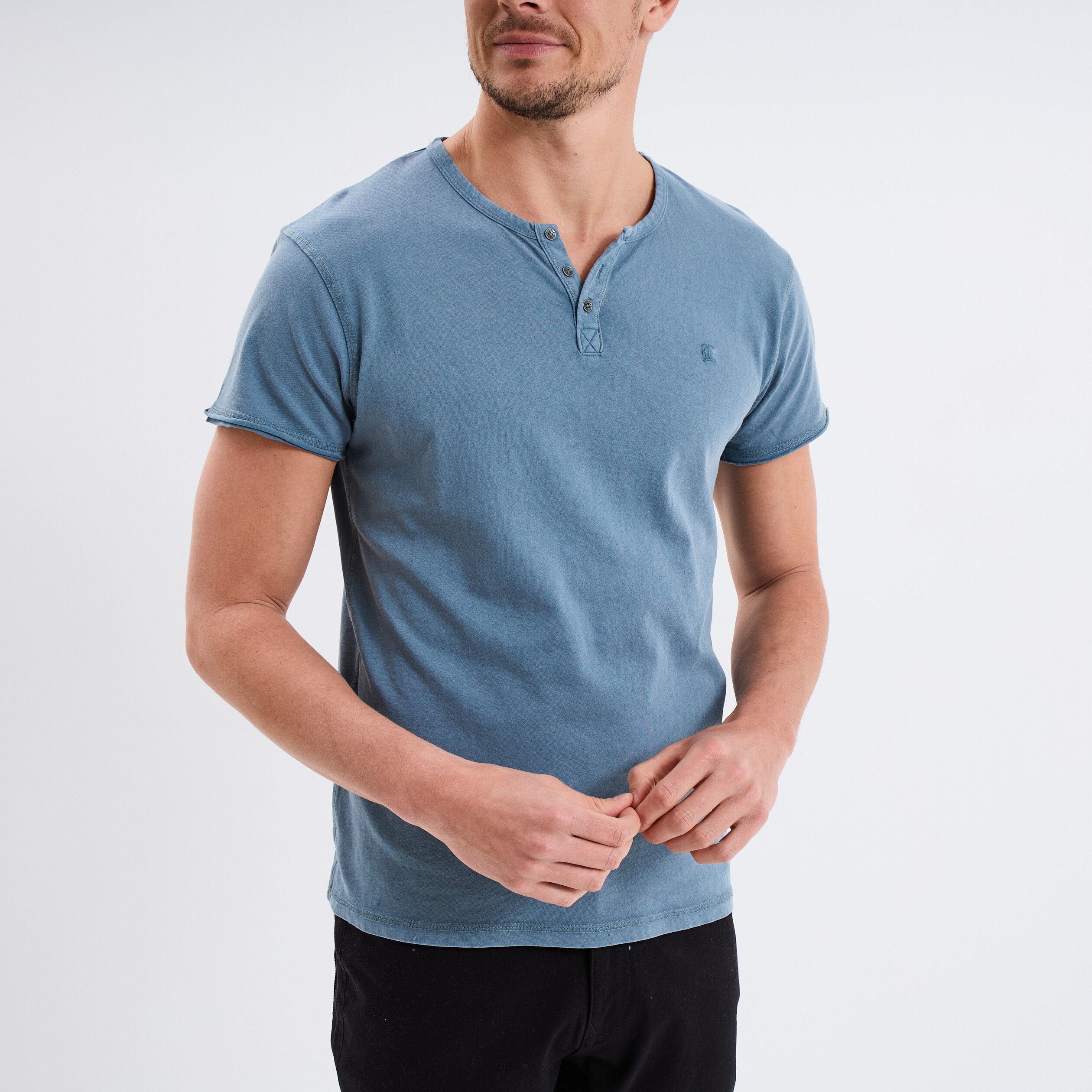 t shirt col tunisien manches courtes bleu gris homme T-shirt col tunisien manches courtes bleu gris homme
