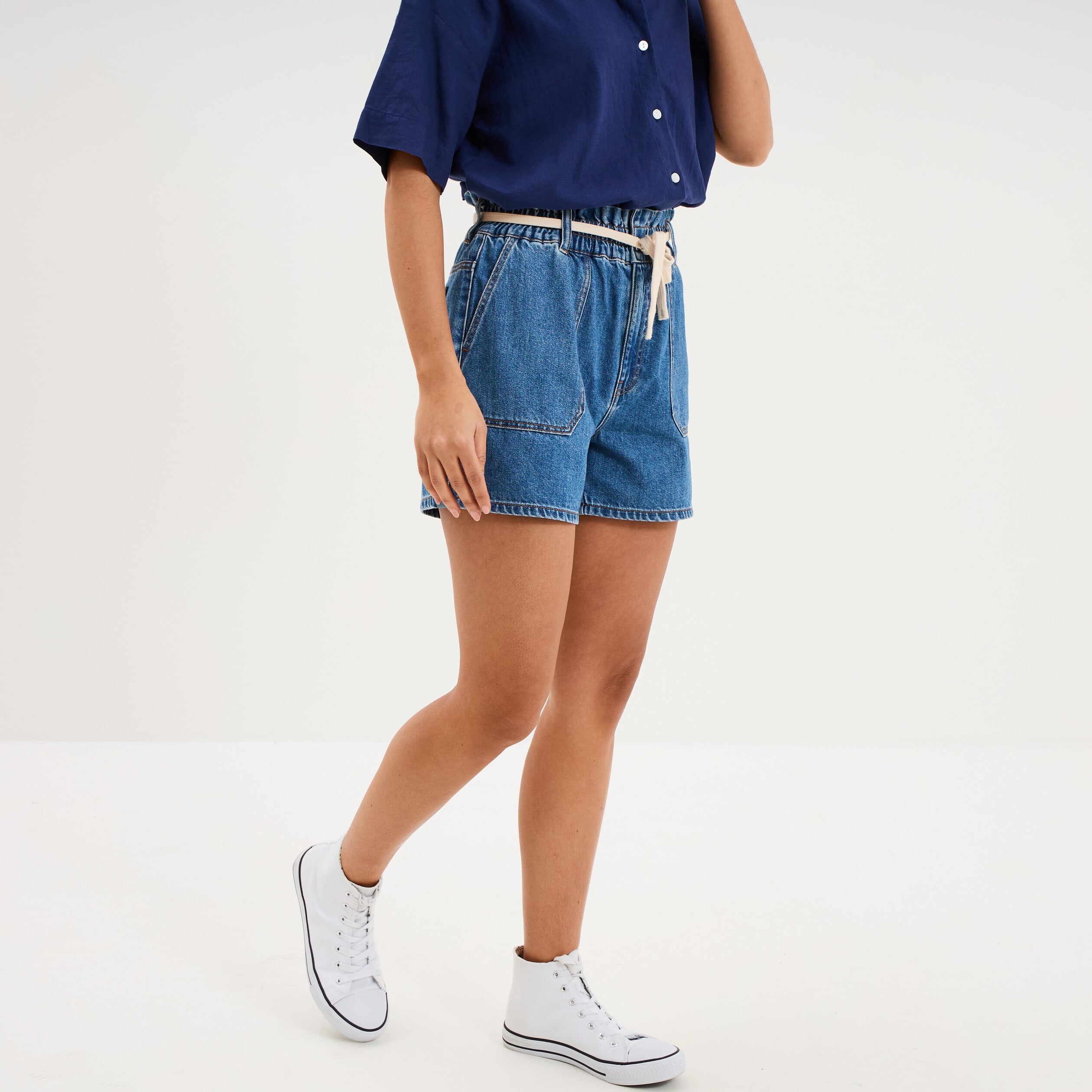 Short mom en jean ceinture cordon denim stone femme