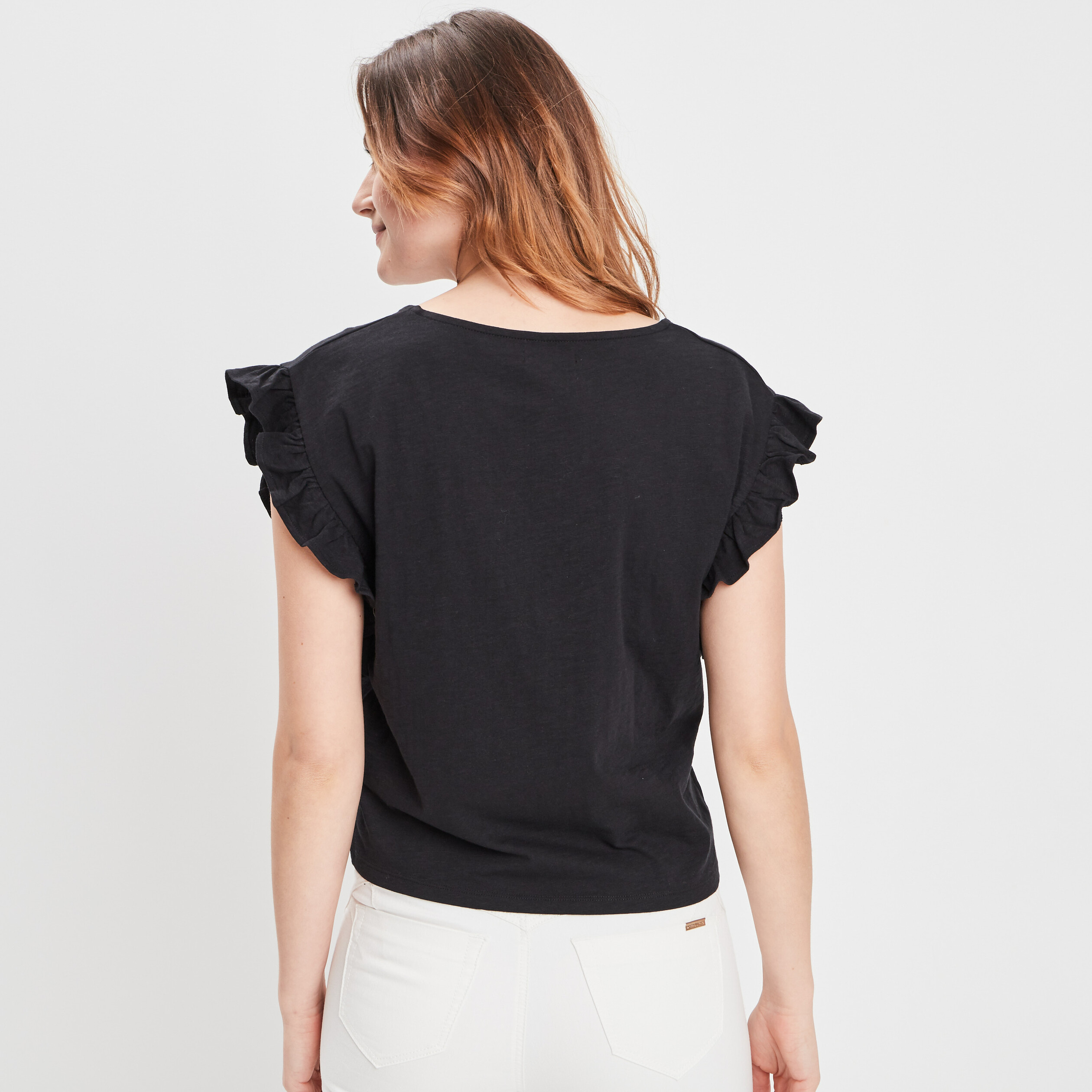 T-shirt manches courtes à volants noir femme