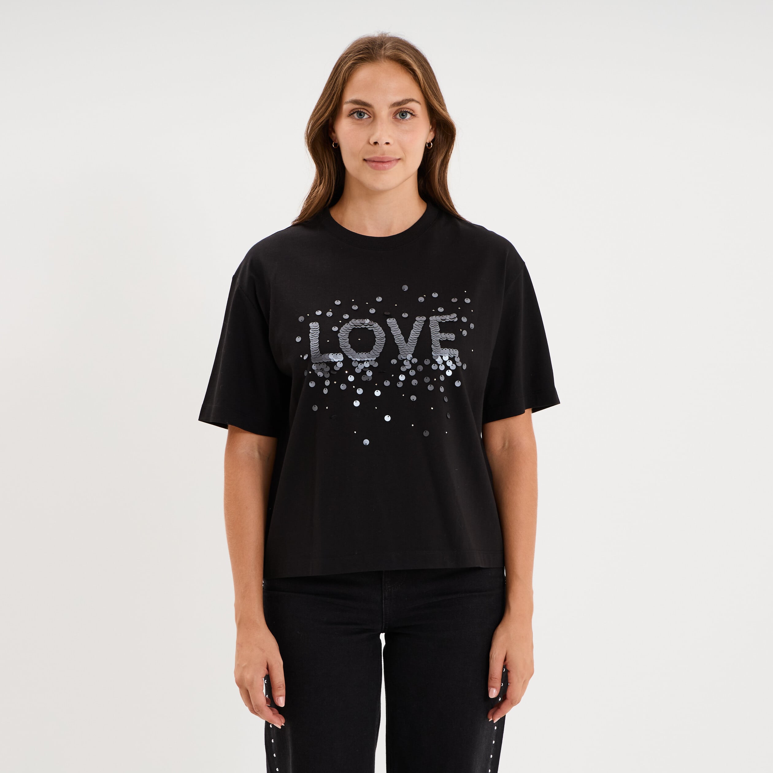 T-shirt oversize &agrave; sequins coton noir femme